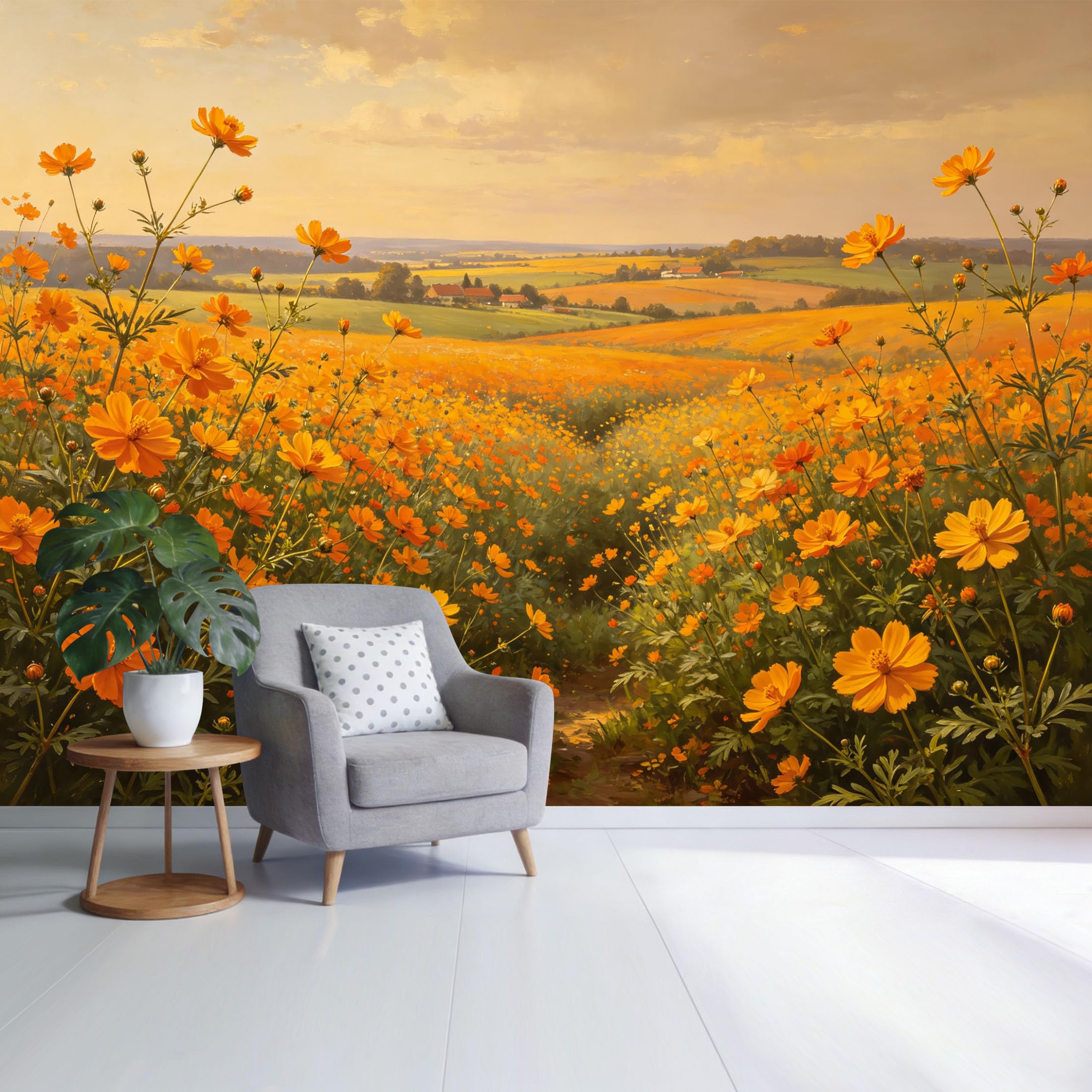 Custom Size Wall Mural Golden Wildflower Meadow Landscape Sunrise Field Botanical Nature Scene SelfAdhesive Wall Fabric Removable Wallpaper for Home Office Decor