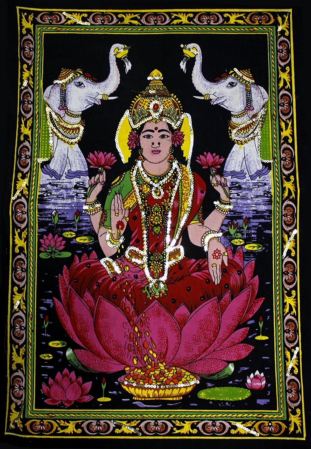 Sophia-Art God Multi Indian Arjun Buddha Tapestry Sequin Wall Work Handmade Krishna Radha Hanging Ethnic Ram SaiBaba Cotton Poster Laxmi Unique