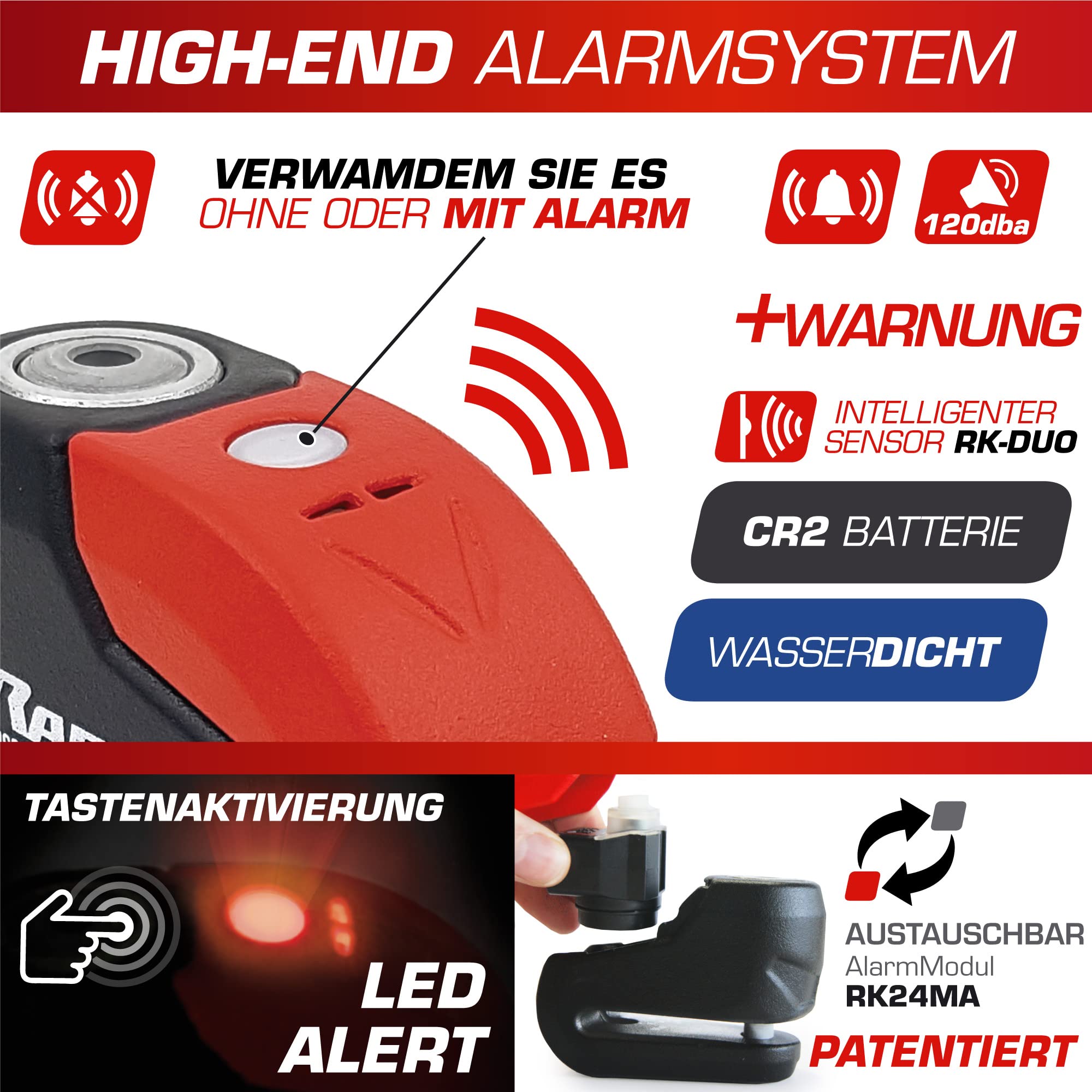 RADIKAL RK10 Bremsscheibenschloss Premium mit Alarm | Aktivierung nach Wahl, 120 dB, LED Warnung Voralarm | Motorrad Schloss SRA-zertifiziert, aus zementiertem Stahl, Doppelverriegelung Ø10, Rot