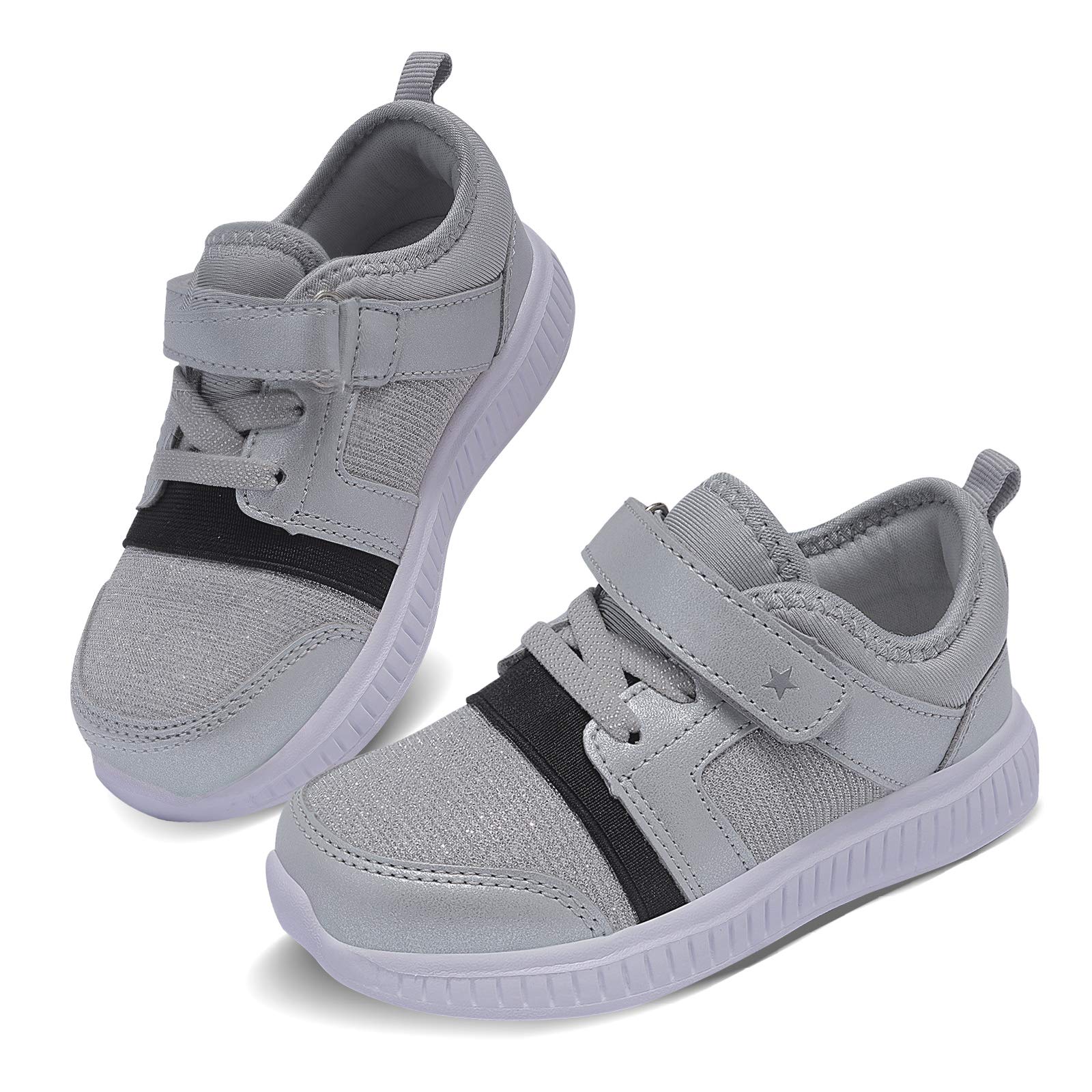 FESSYREESE Toddler Girls Sneaker Boys Lightweight Breathable Running Shoes for Little/Big Kids Athletic Sport Cute Strap Slip On Glitter Walking Shoes Silver