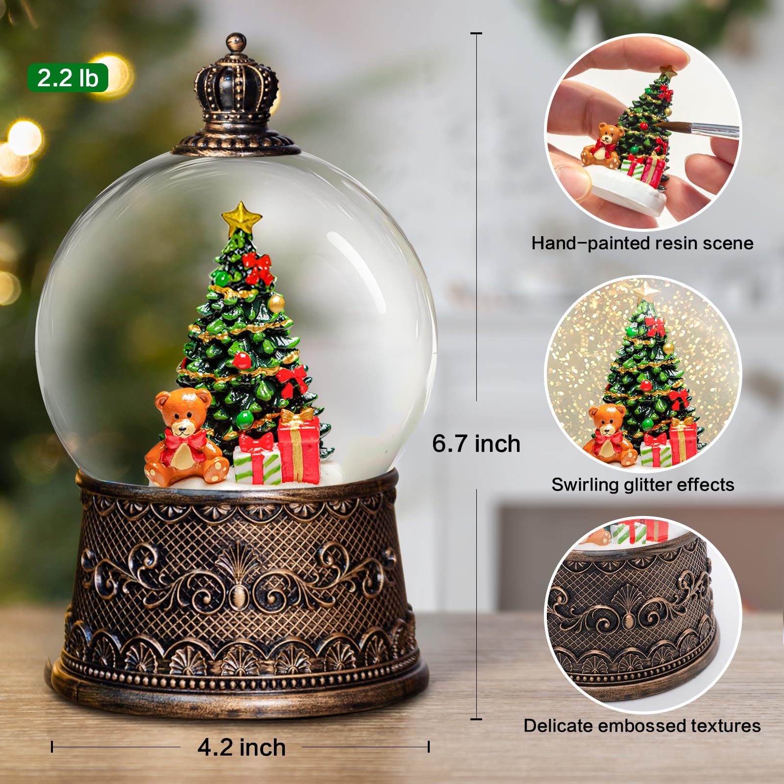 Linterna de globos de nieve de Navidad con música, globos de nieve de árbol de Navidad con efectos de purpurina de remolino de agua, alimentado por USB/batería con temporizador de 6 horas
