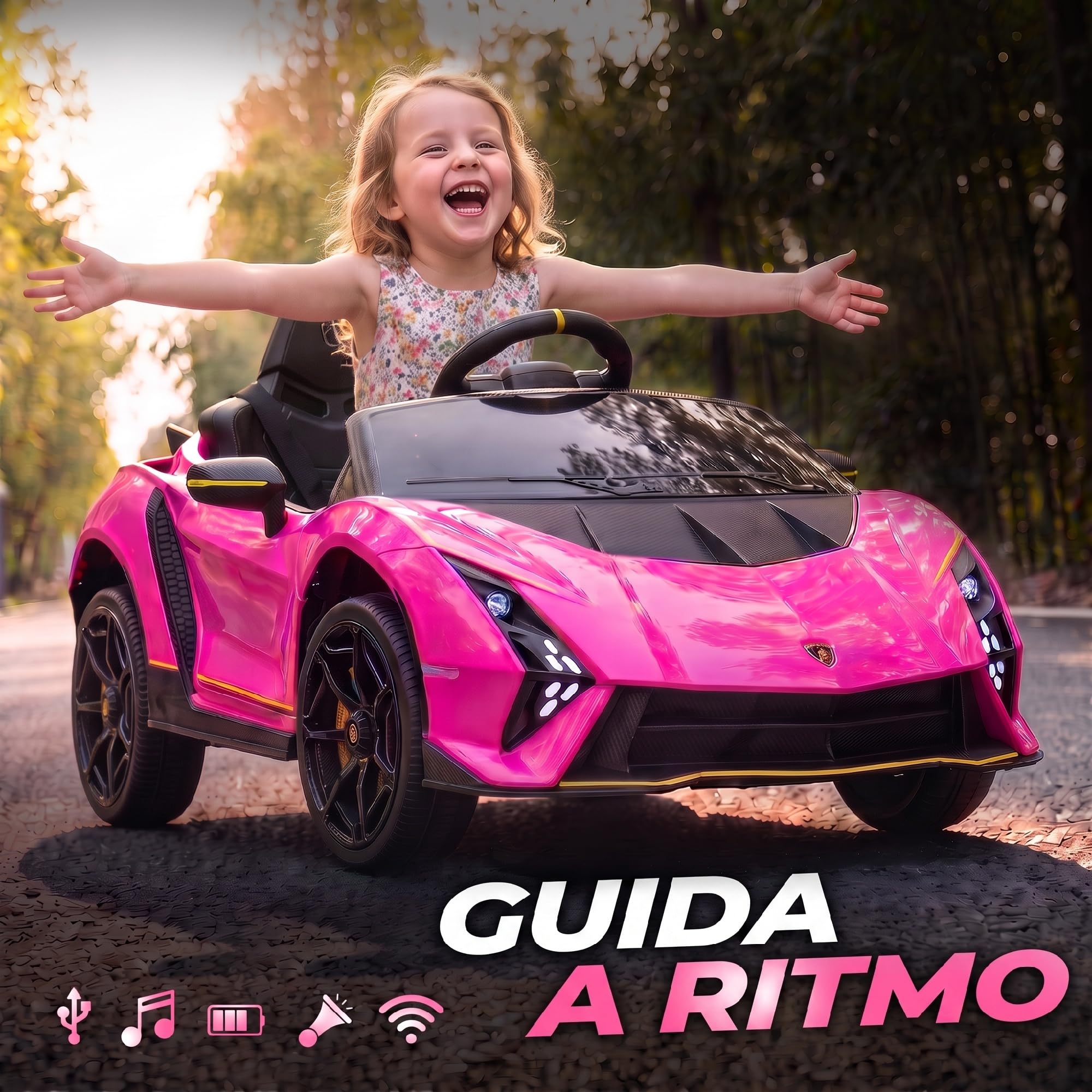 AIYAPLAY Macchina Elettrica per Bambini 3-6 Anni 12V Lamborghini Autentica, 3-5km/h Auto Elettrica per Bambini con 2 Motori, Porta a Forbice, Sospensioni, Fari, Musica, Telecomando, Cintura, Rosa