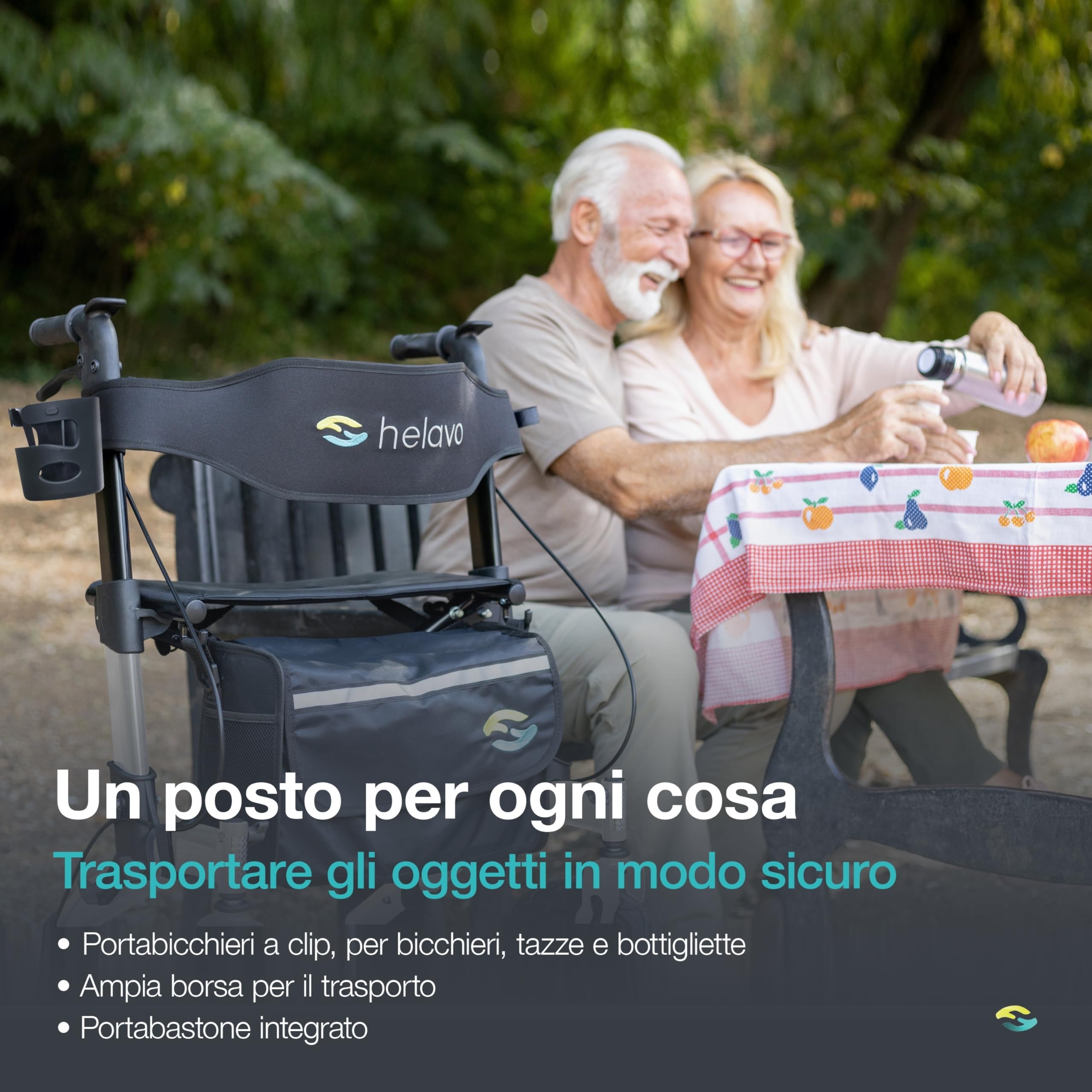 Helavo deambulatore da esterno con ruota gomma piena antiforatura - Girello per anziani pieghevole in alluminio con sedile - Massima mobilità e comfort all'aperto