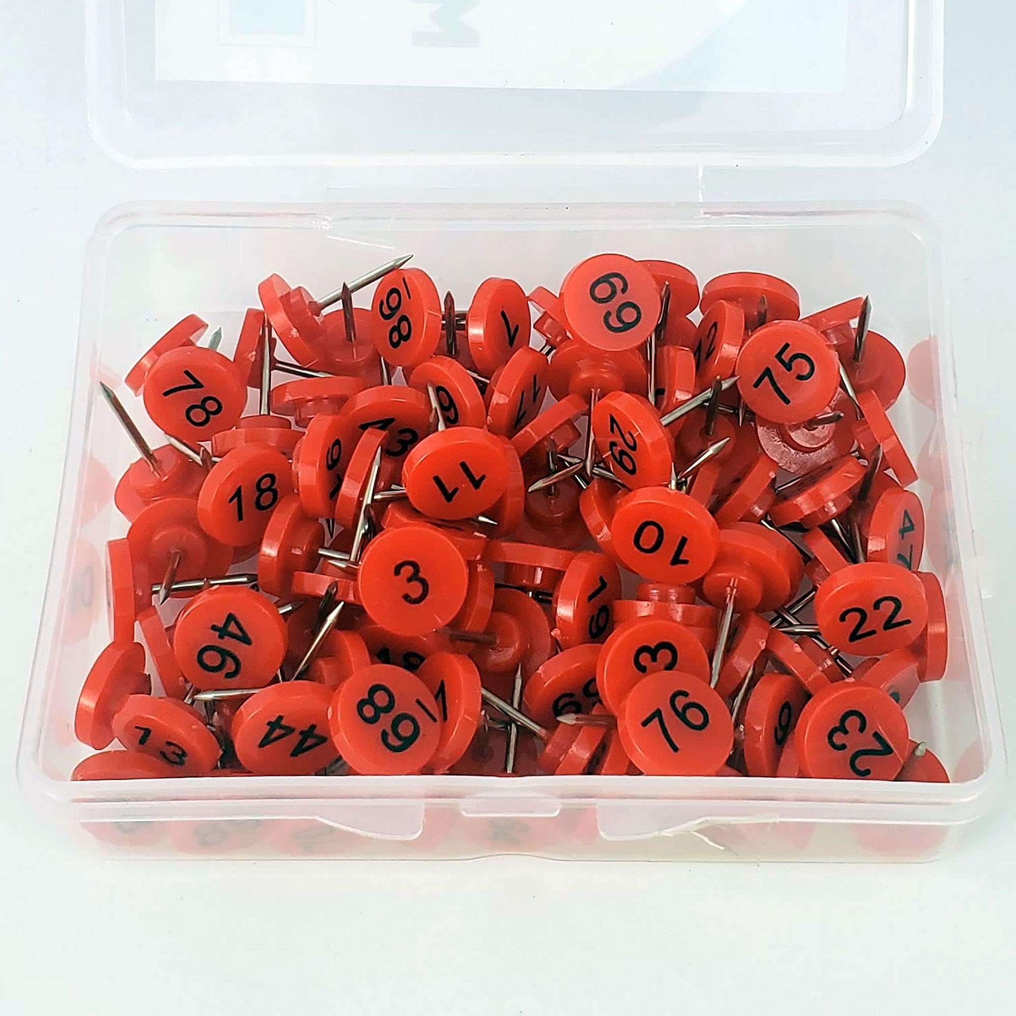 Numbered Push Pin Map Tacks | Contains 100 Sequential Pins | Red Map Pins, Black Numbers 1-100 | 11mm Diameter 16mm Length | Great for Marking Items on Maps, Presentations, Gallery Exhibits and More