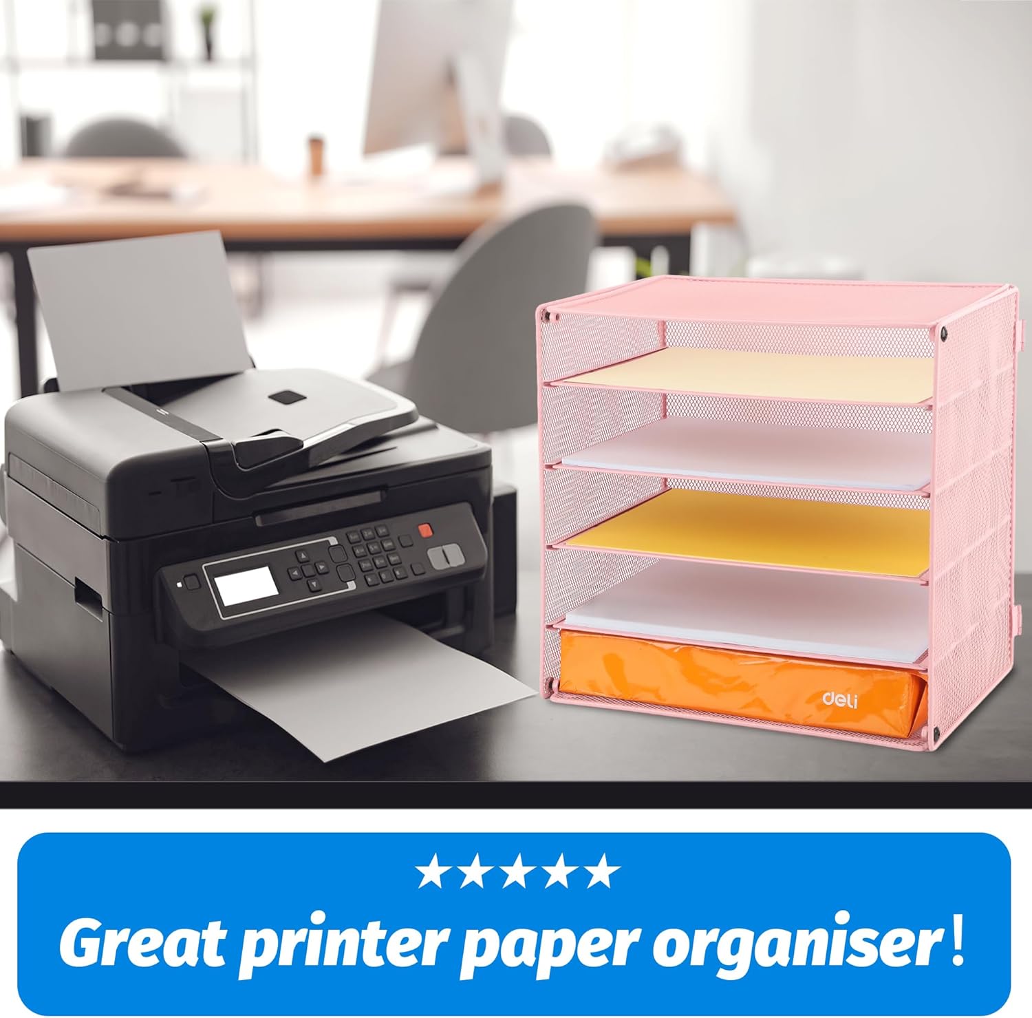 EASEPRES 5 Slot Mesh Desk Organizer Tray, File Paper Letter Folder Holder Desktop Paper Sorter Mail Organization Rack Storage Accessories, for Office Home School Classroom, Pink - Image 4