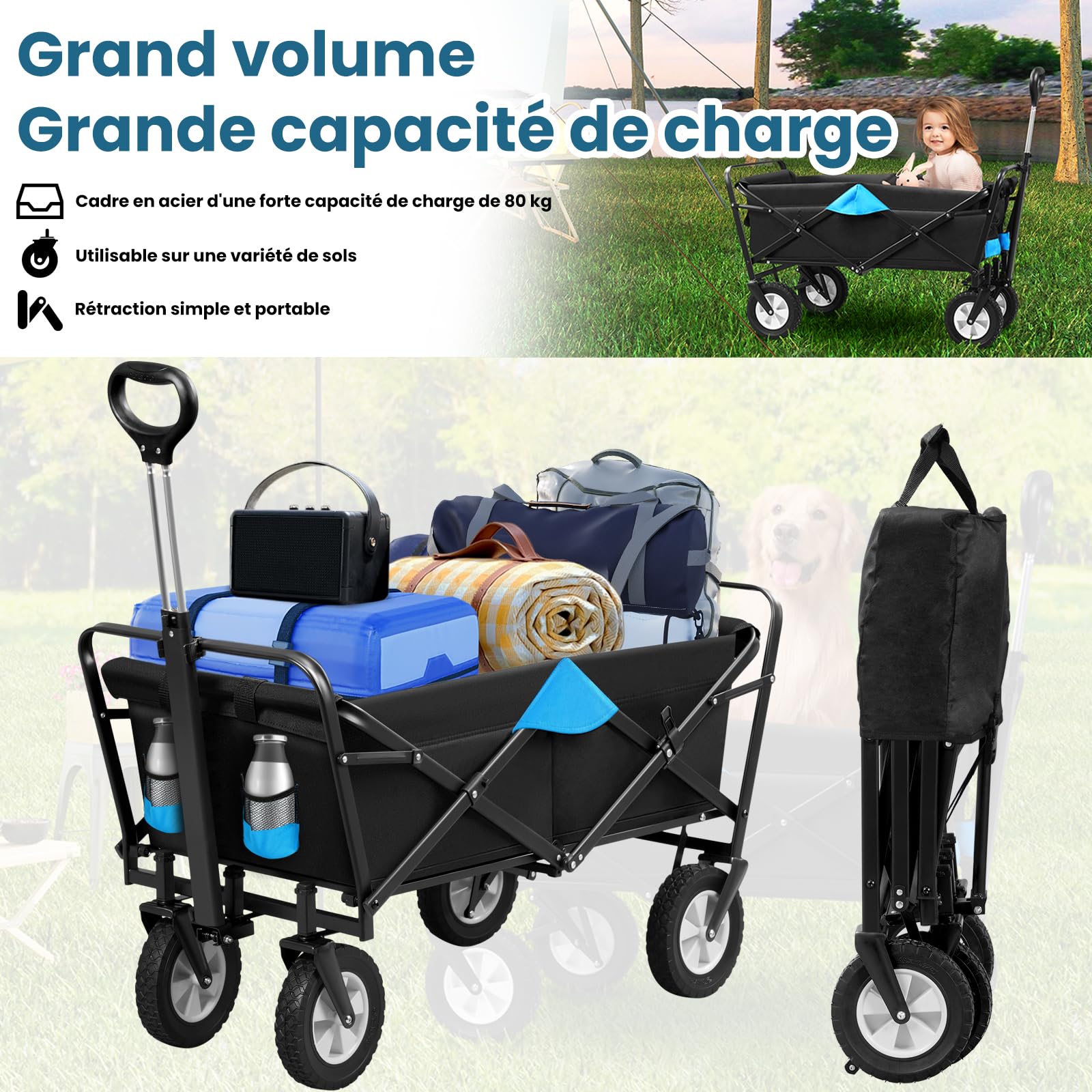 EUGAD 0009HC Chariot de Transport pour Jardin Max. 80kg Chariot Pliable à 4 Roues Tissu Oxford Anthracite+Turquoise