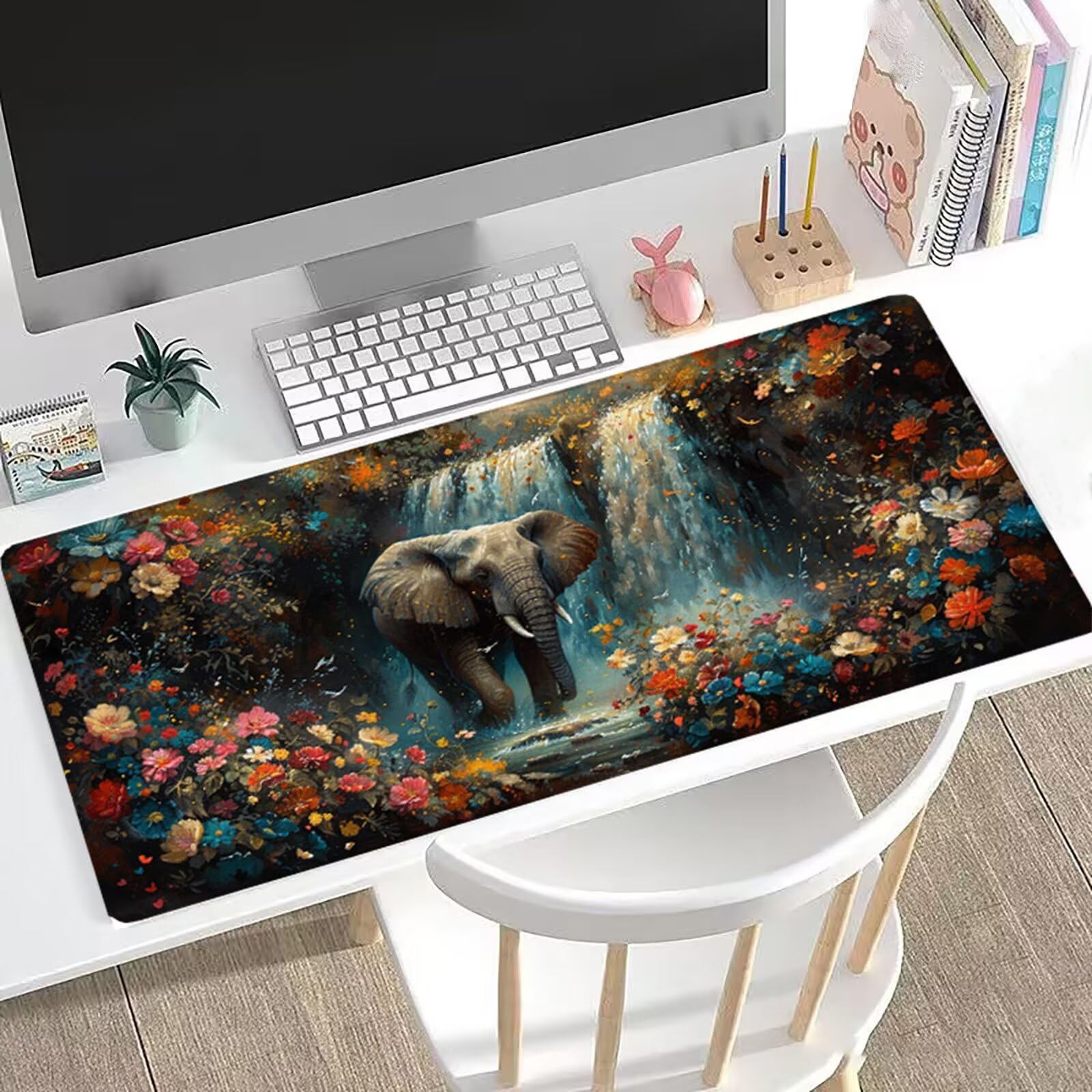 Gamingowa podkładka pod mysz, słoń, XXL, 150 x 80 cm, podkładka pod mysz, chryzantema, podkładka na biurko, zoptymalizowana precyzja i prędkość, wodoodporna, dla graczy, klawiatury i myszy, H0-1051