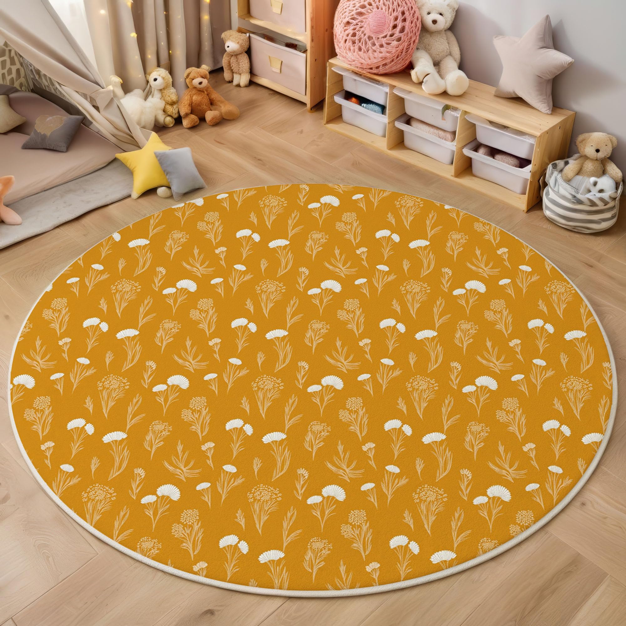 Teppich Rund 120cm Ländlicher, Natürlicher Stil rutschfest Teppiche Wildblumen Waschbar Wohnzimmerteppich Kurzflor Weich Runder Teppich Senfgelb for Schlafzimmer Studie Heimbüro