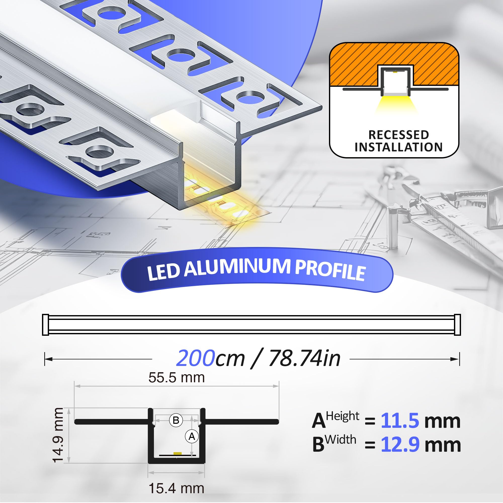 12 x profil LED do suchej zabudowy 2 m, szyna LED 2 m, profil aluminiowy, szyna podtynkowa i dyfuzor natynkowy do oświetlenia pośredniego sufitu