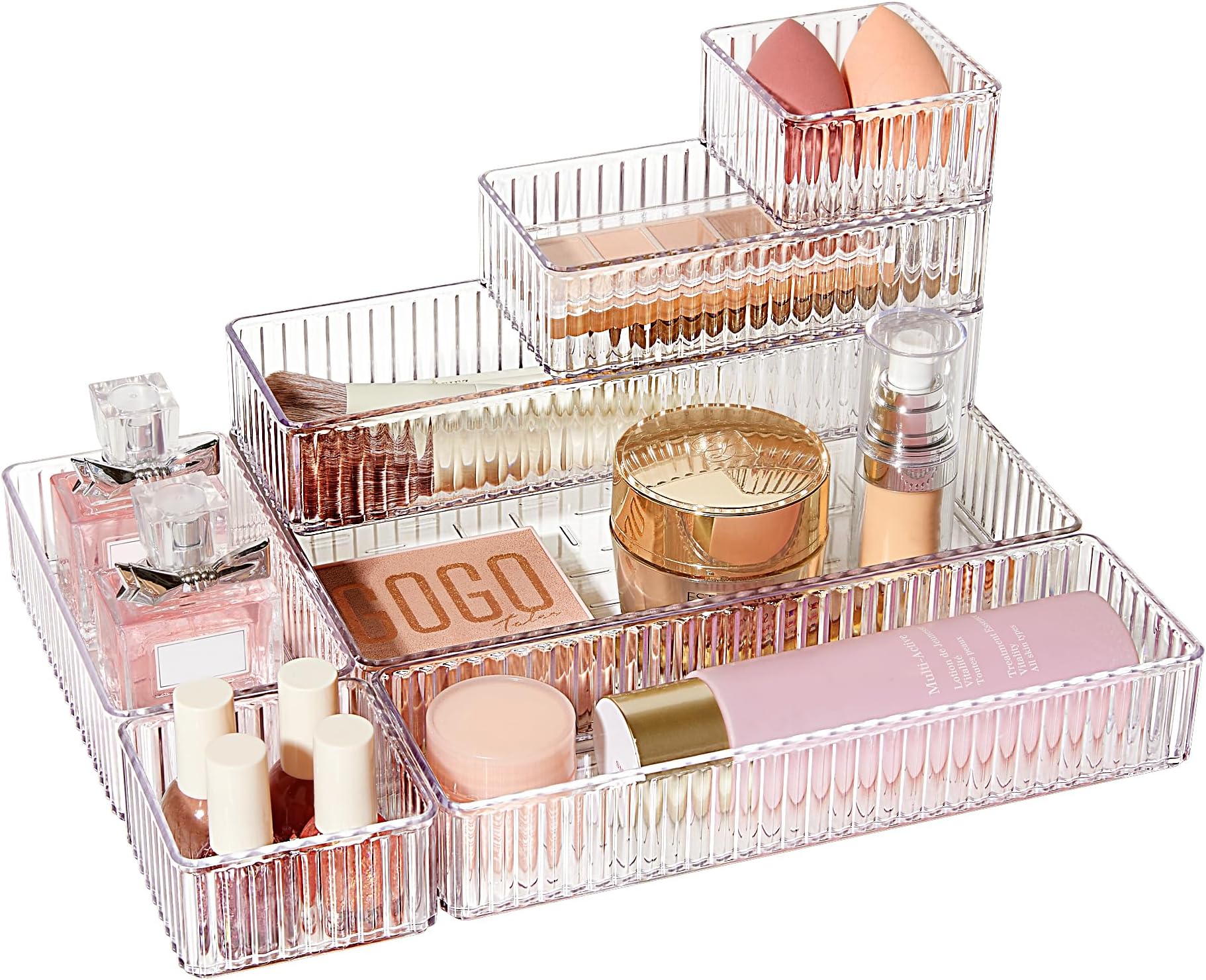 Vtopmart 7 Pack Reeded Drawer Organiser, 4 Size Stackable Makeup and Vanity Drawer Organiser Trays, Acrylic Bathroom Drawer Storage Containers for Cosmetic, Office Supply