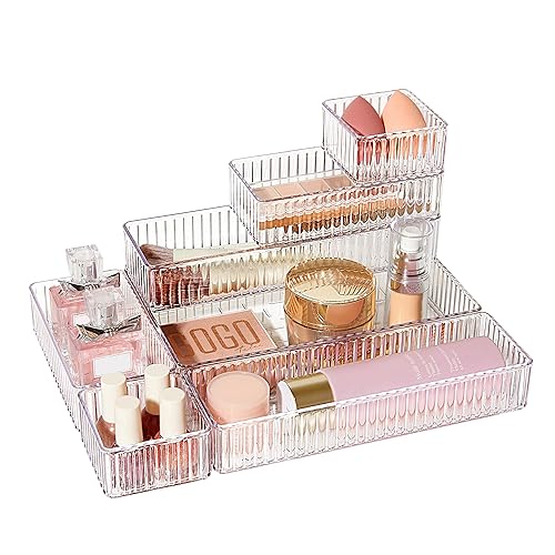 7 PCS Clear Drawer Organizers Bins, 4-Size Stackable Makeup and
