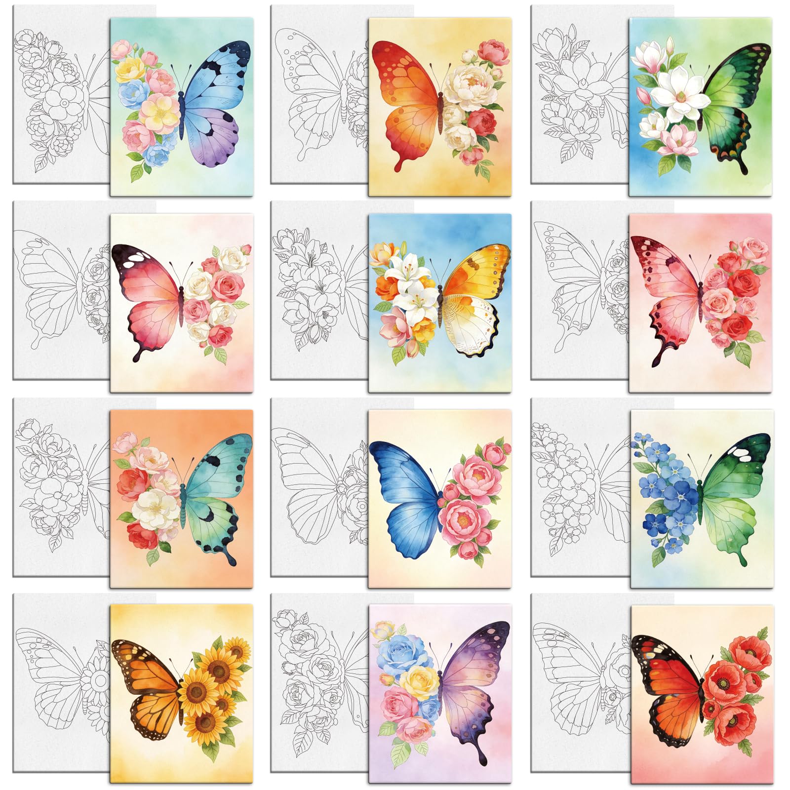 MAYJOYDIY 12 tele pre-disegnate con farfalle e fiori per dipingere, girasole, rosa, magnolia, 25 x 20 cm, motivo: farfalla, fiori esotici, fai da te, per principianti, bomboniere