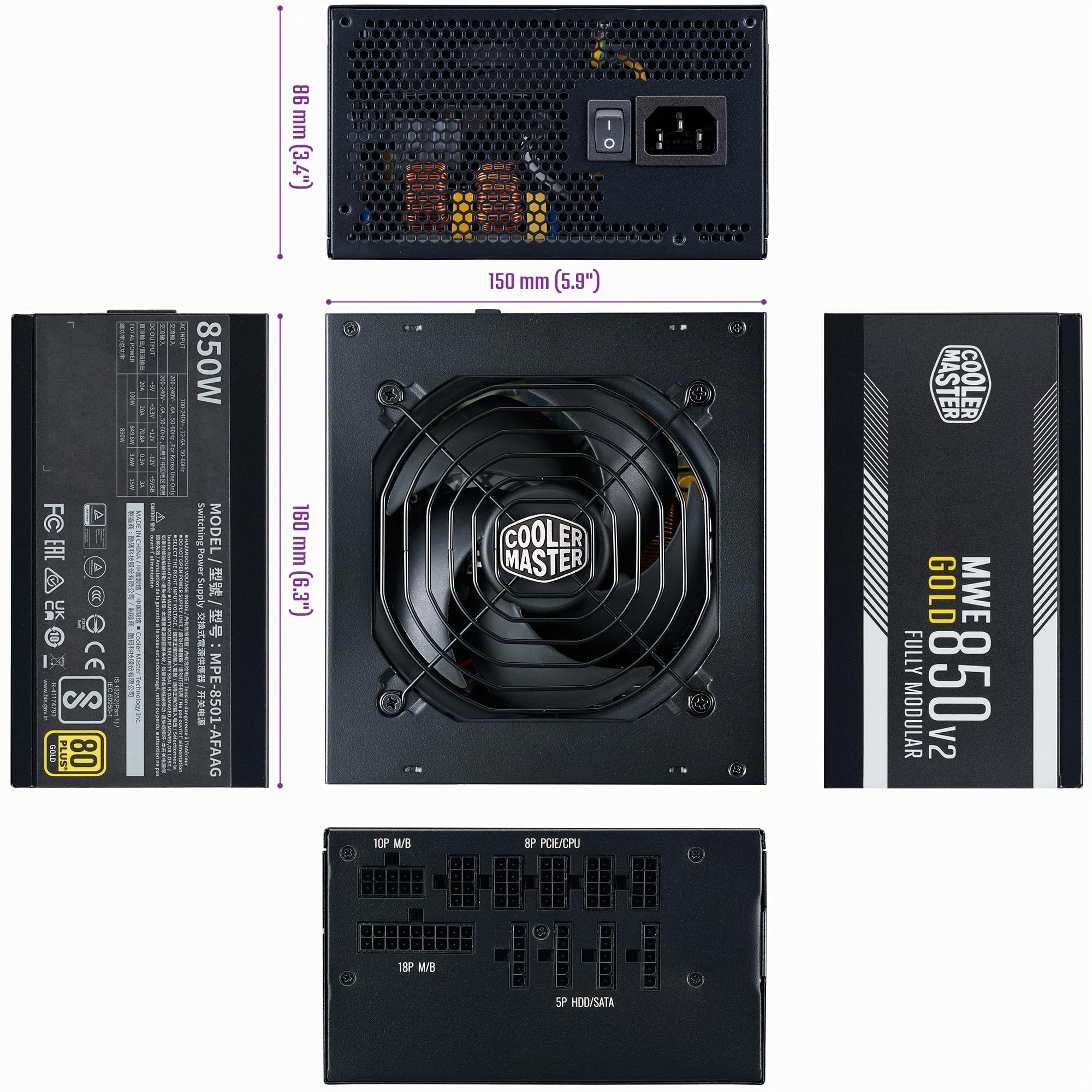 Cooler Master MWE Gold 850 V2 ATX 3.1 Alimentatore completamente modulare (spina britannica), supporto ATX 3.1, alimentatore 80 PLUS Gold 850W, cablaggio PCIe 5.1, ventola HDB da 120