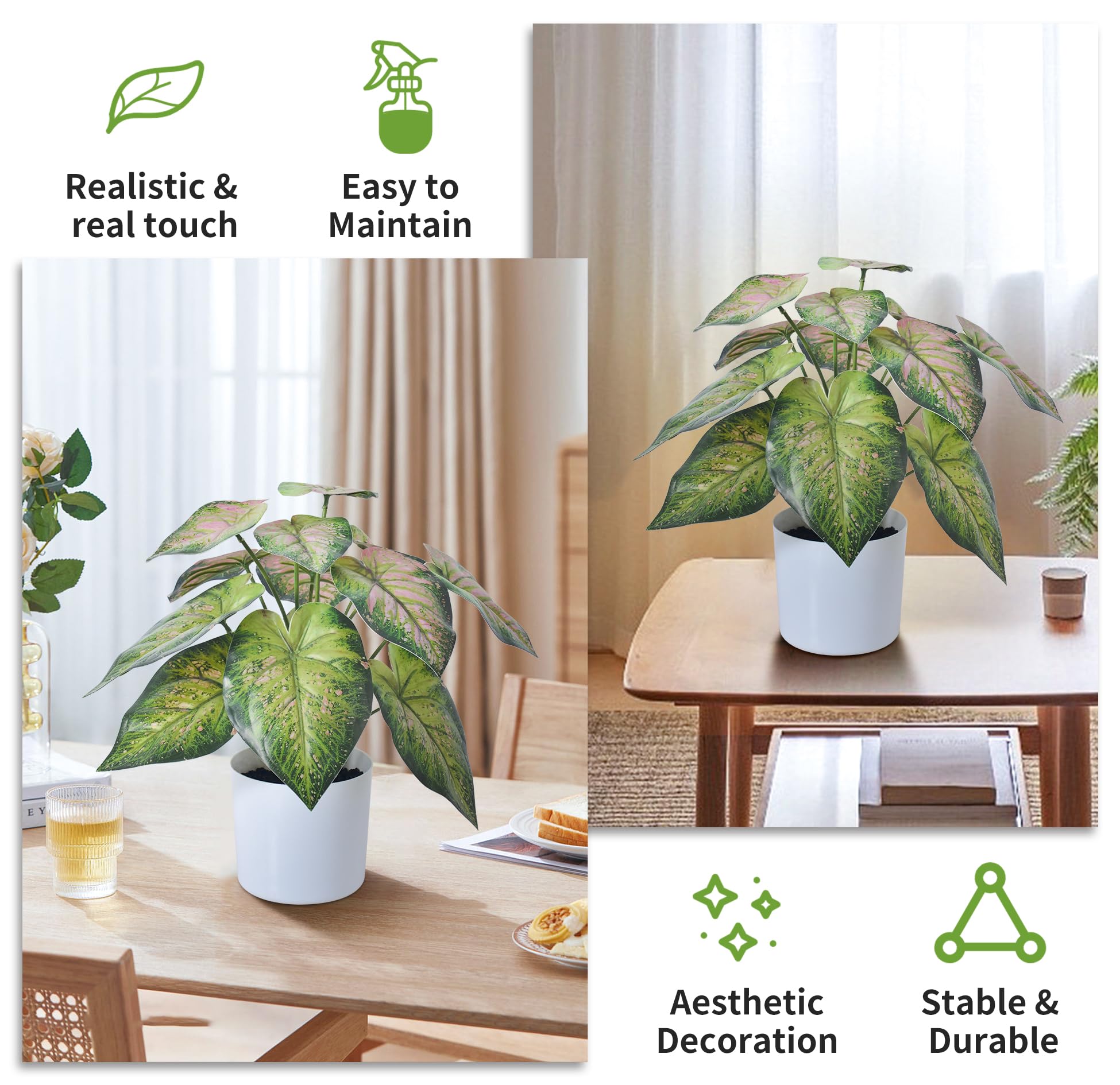 HAIHONG 15.7 Inch Fake Plants Artificial Caladium Plants Indoor, Samll Artificial Plants with Green Leaves, Potted Faux Plants for Desk Shelf Office Room Decoration?1Pack?