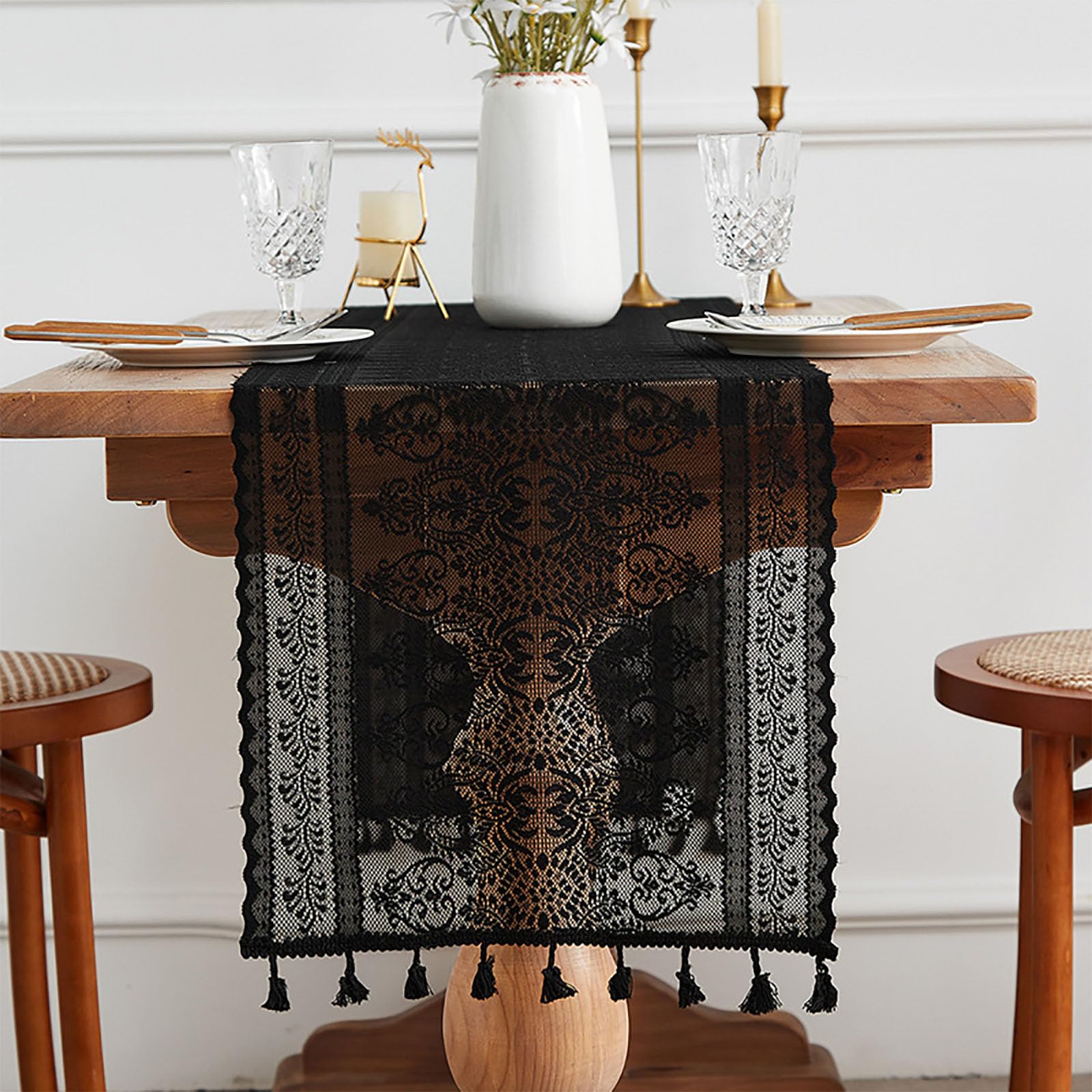 KLUSIET Long Table Runner with Tassels, Macrame Table Runners, Woven Lace Table Runner, Farmhouse Table Runner for Home Dining Table Décor(70.8in,I)