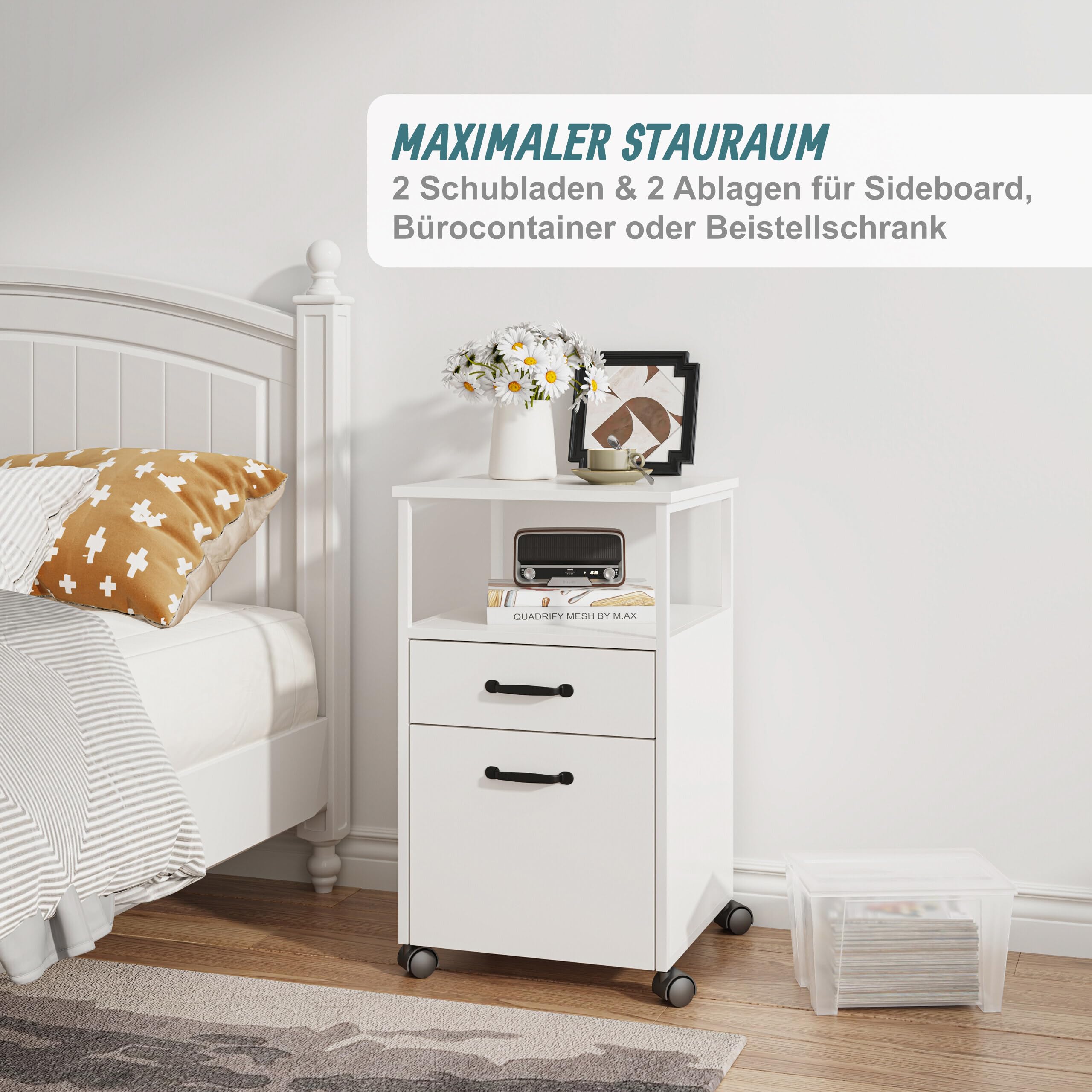 Relaxdays Rollcontainer, 2 Schubladen, Hängeregister, modernes Design, HBT: 66,5 x 42 x 44 cm, Aktenschrank schmal, weiß