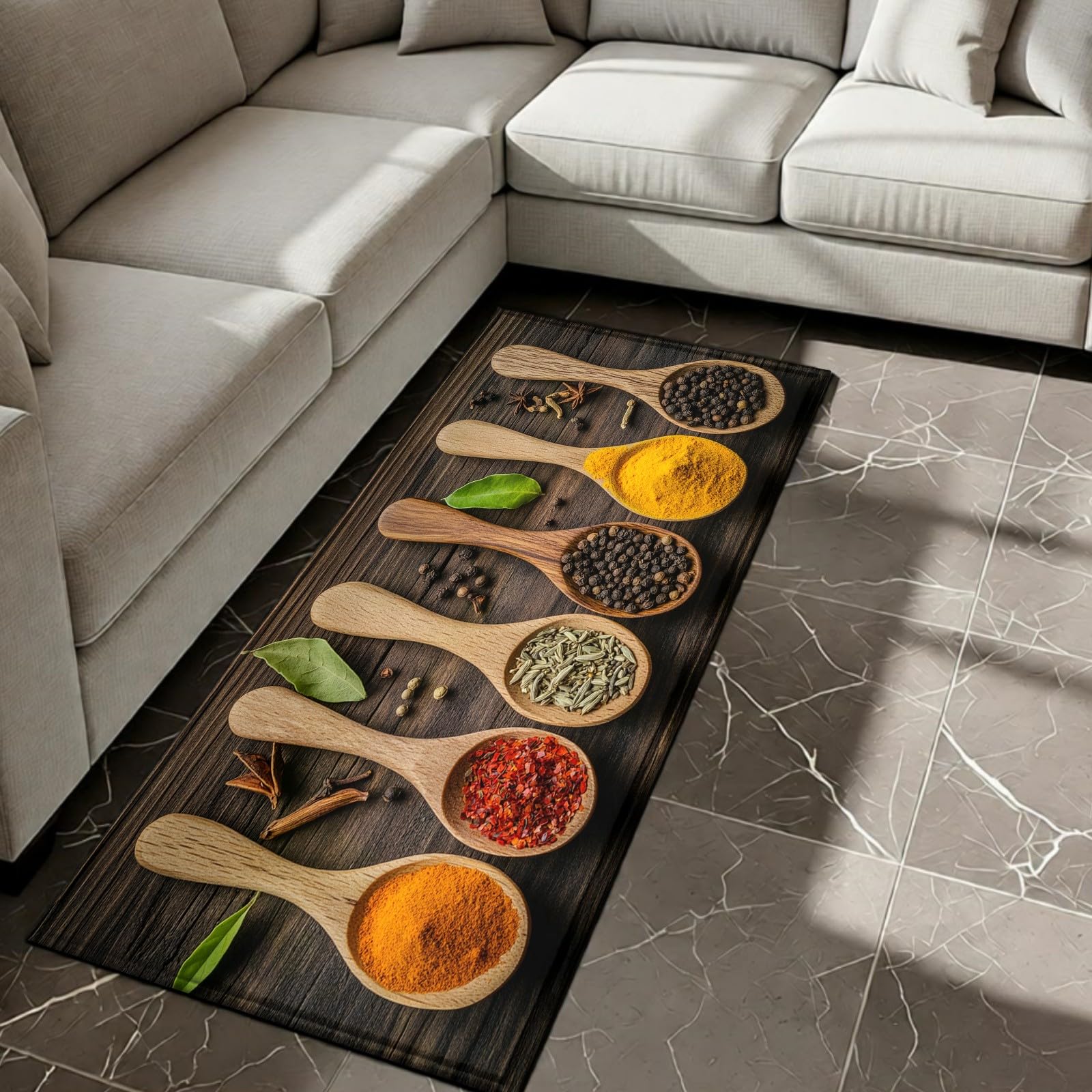 Küchenteppich rutschfest 50 x 200 cm Holzmaserung Holzlöffel Gewürz waschbarer Küchenläufer Brown schmutzabweisend & maschinenwaschbar für Küche & Eingang