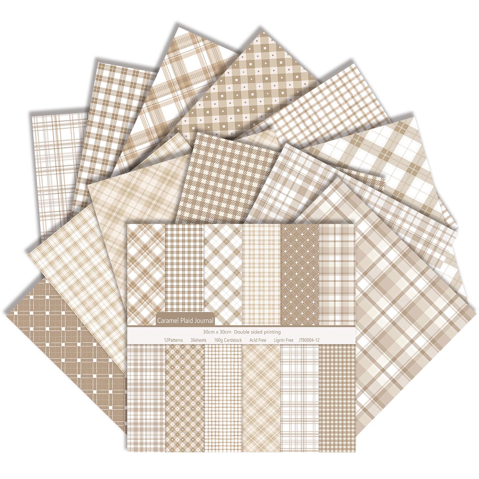 36 Sheets Scrapbook Paper 12x12 Inch, Double Sided, Plaid Pattern (Brown)