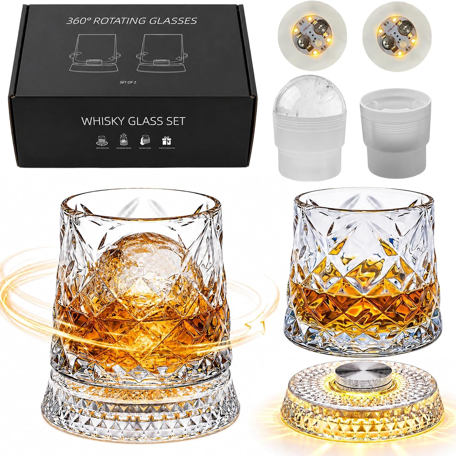 360° Spinning Whiskey Glasses Set with Gift Box,with 2 Ice Molds & Gift Box