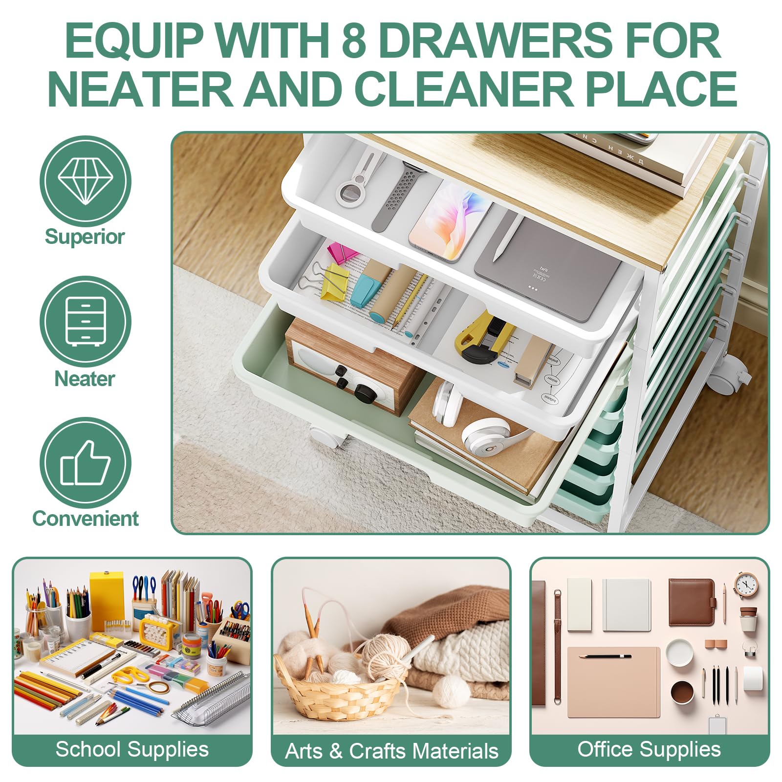 Storage Cart with 8 Drawers, Utility Cart with White Drawers and Wooden Tabletop, Craft Cart, Teacher Organization for Classroom, Storage Furniture, Office Organization, Green