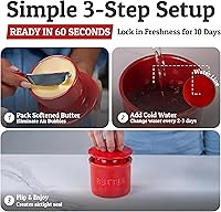 Vista 3 de PriorityChef - Mantequera con tapa con línea de agua, plato de mantequilla francesa de cerámica para dejar en la encimera, color rojo