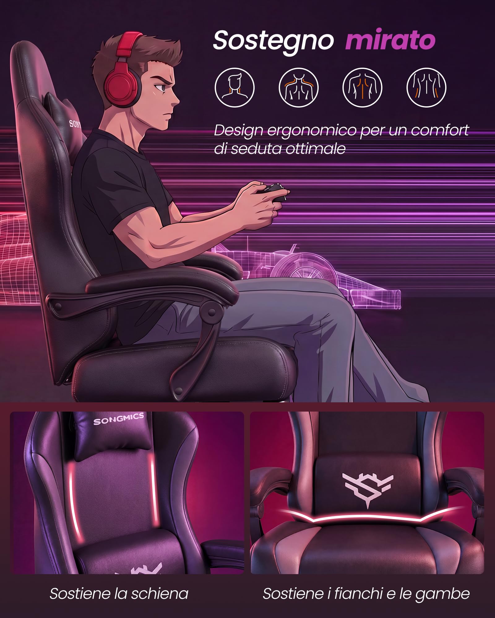 SONGMICS Sedia da Gaming, Sedia Ergonomica da Ufficio, Reclinabile a 135°, con Poggiapiedi e Supporto Lombare, 70 x 70 x (120-130) cm, Nero Inchiostro e Grigio Tortora, OBG091BH01