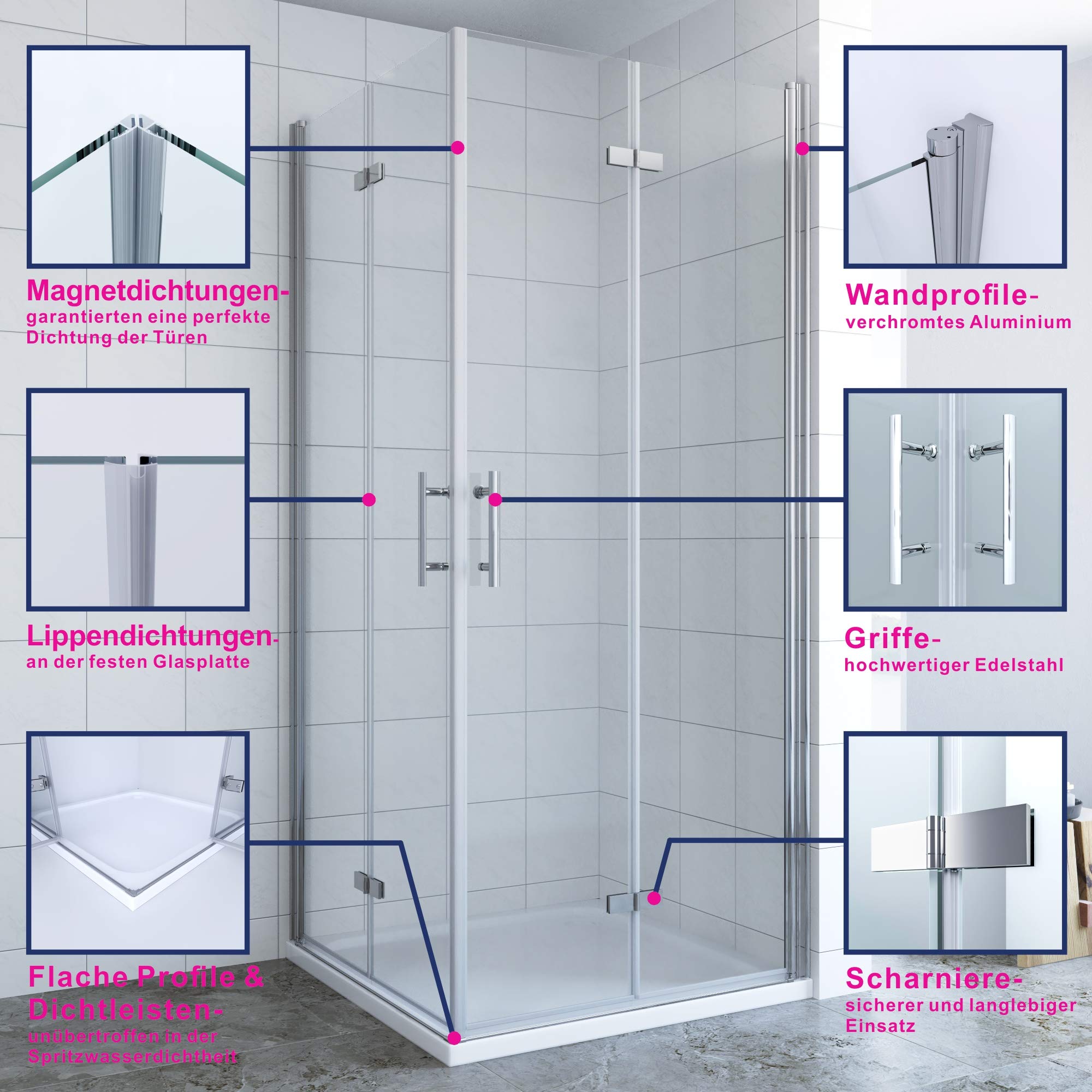 AQUABATOS Eck-Duschkabine Mit 180° Klapptüren – 70x70x197 Cm, ESG-Sicherheitsglas 6mm, Nano-Beschichtung, Barrierefrei