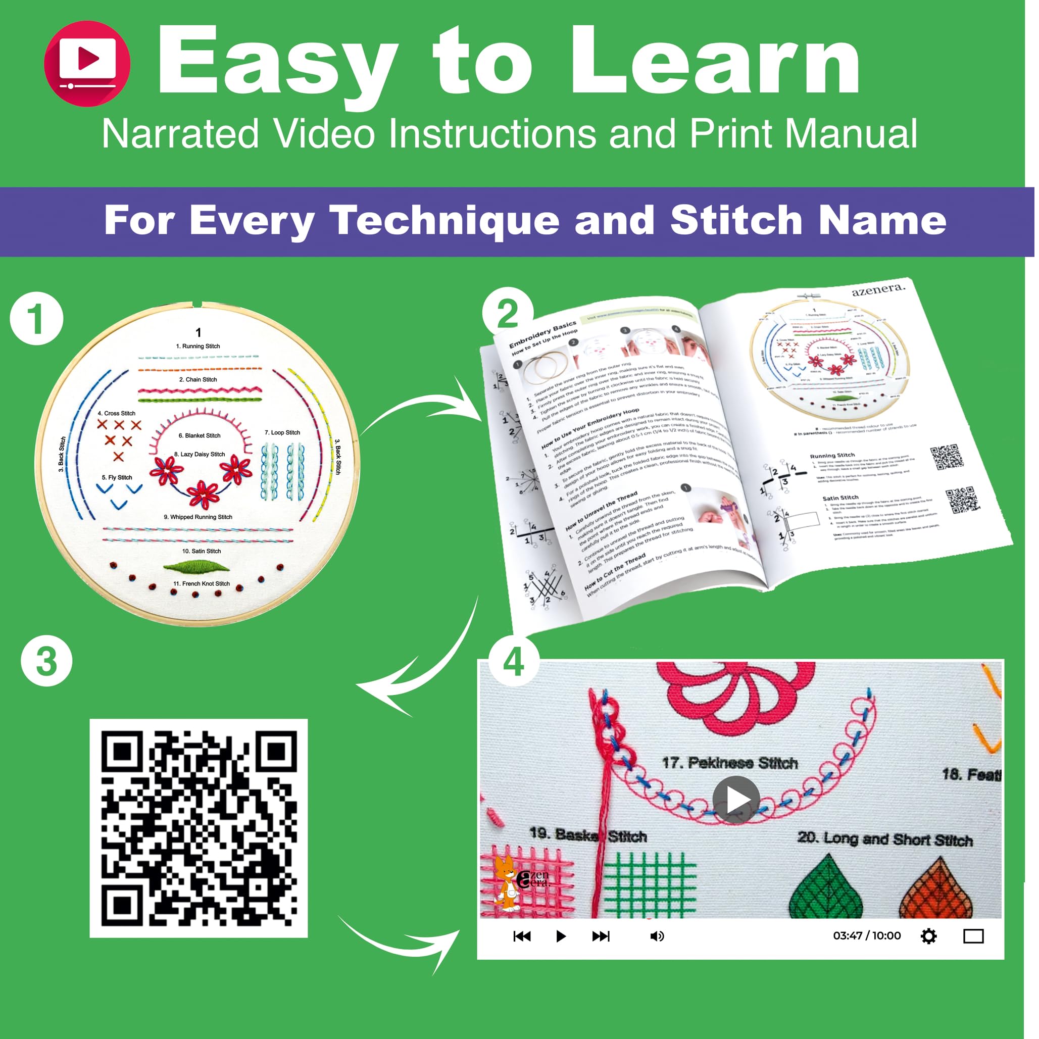Azenera Beginner Embroidery Kit for Adults (4 Pack), Learn 33 Stitches with Videos, Stamped Design Patterns in Color, Floss, Hoop, Gift