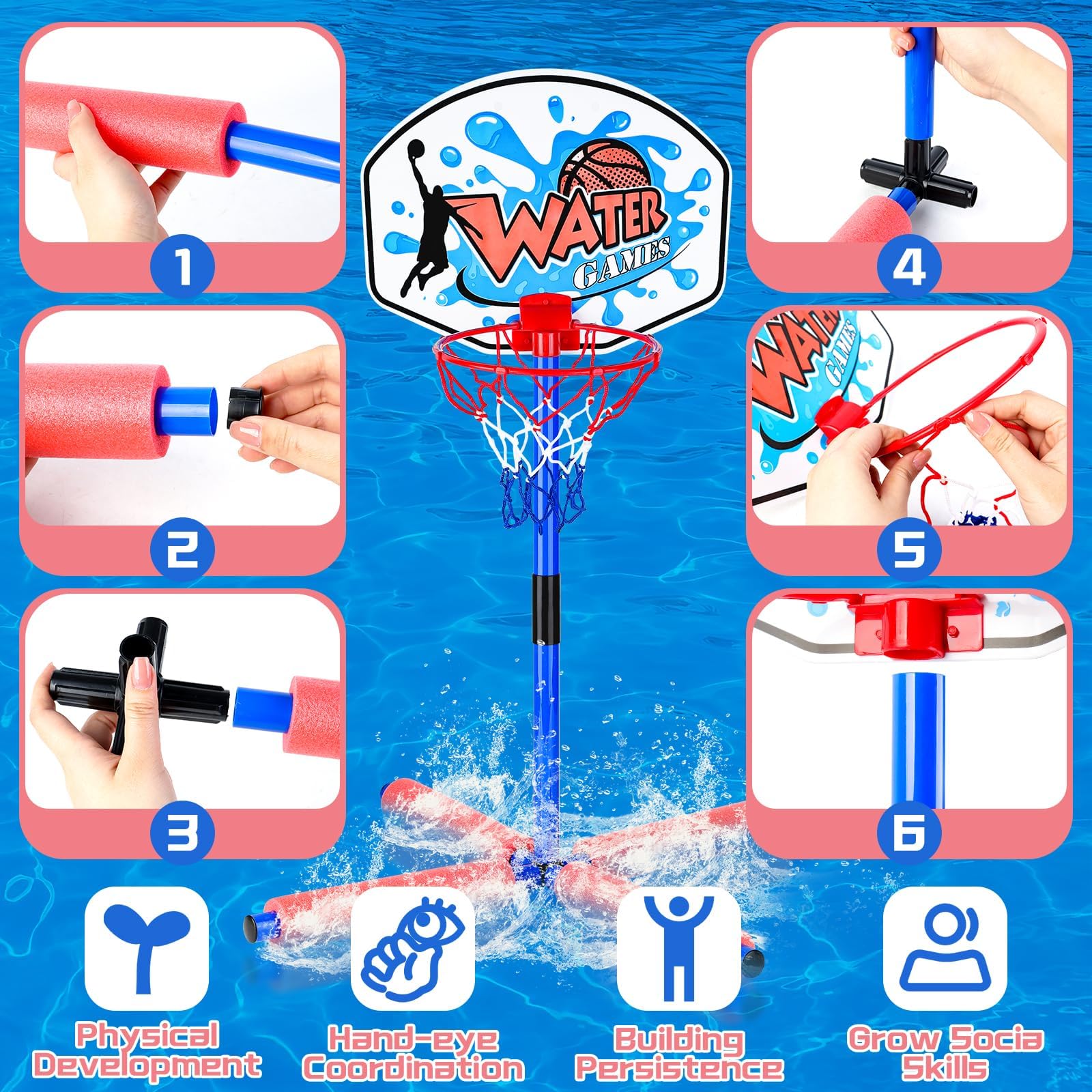 deAO Canestro da Basket Galleggiante per Piscina – Gioco d’Acqua Estivo per Bambini, Set con Palla e Pompa – Utilizzabile Anche Fuori dall’Acqua
