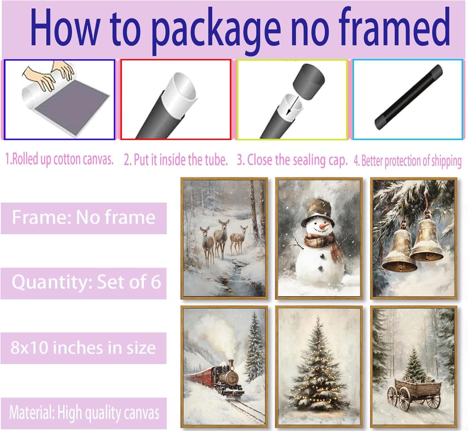 6pcs Retro Christmas Canvas Wall Art Tree Snowman Elk Christmas Posters Prints Paintings Winter Landscape Festive Elements Wall Decor Pictures for Living Room And Bedroom Furniture Decoration Unframed