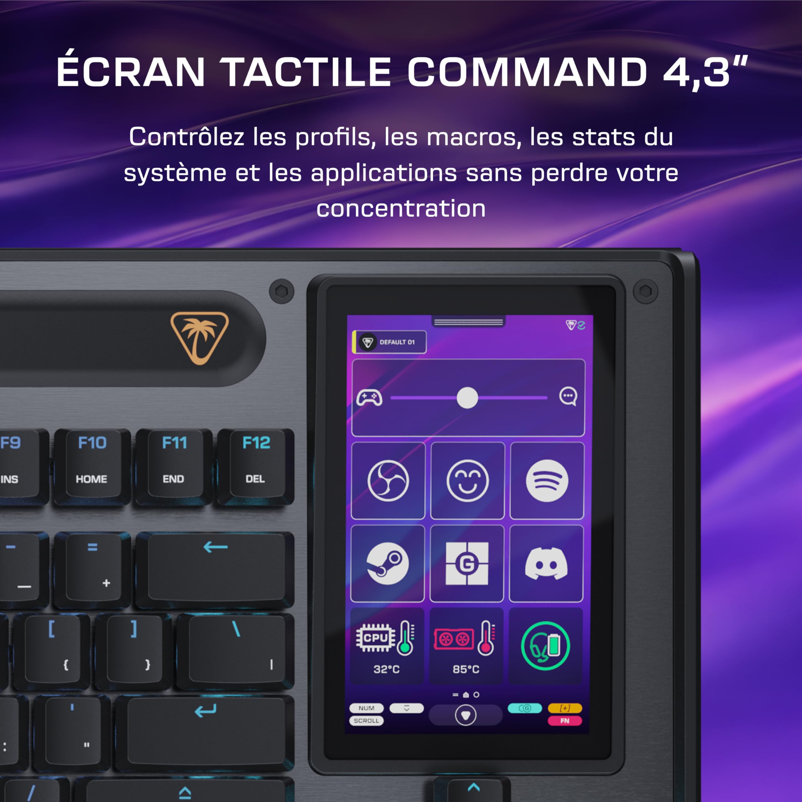 Turtle Beach Command Series KB7 TKL Clavier Gaming Filaire avec écran Tactile Display 4,3", Touches Titan discrètes à Effet, Capuchons de Touches PBT Double Frappe et Rails modulaires - (FR AZERTY)