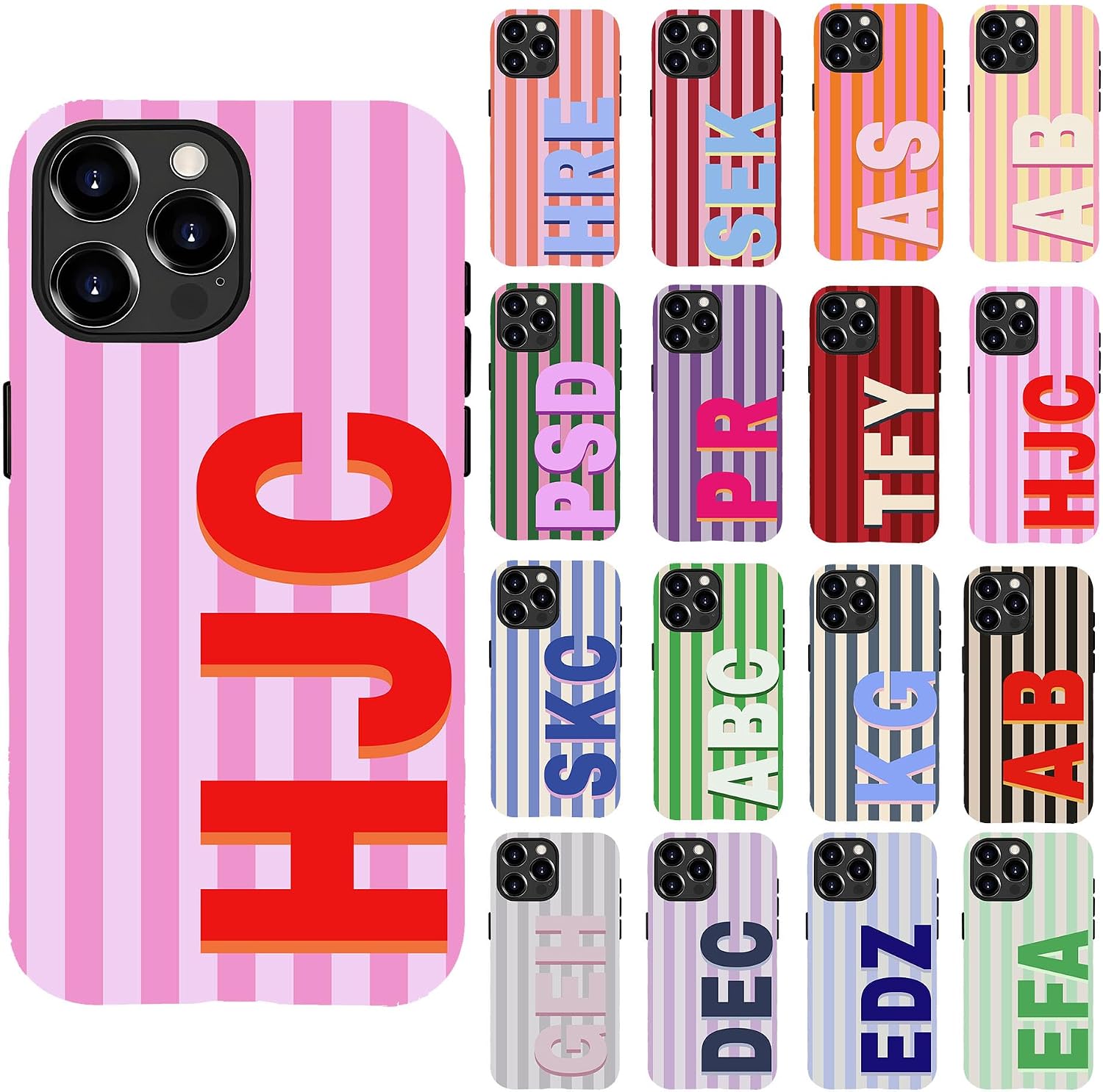 Customize Letter Monogram Striped Pattern Cases for iPhone 17 16 15 14 13 12 11 Pro Max Plus Mini,Hybrid 2-Layer Hard Shell Durable Shockproof Phone Cover Design for Teen Girls Women Kids