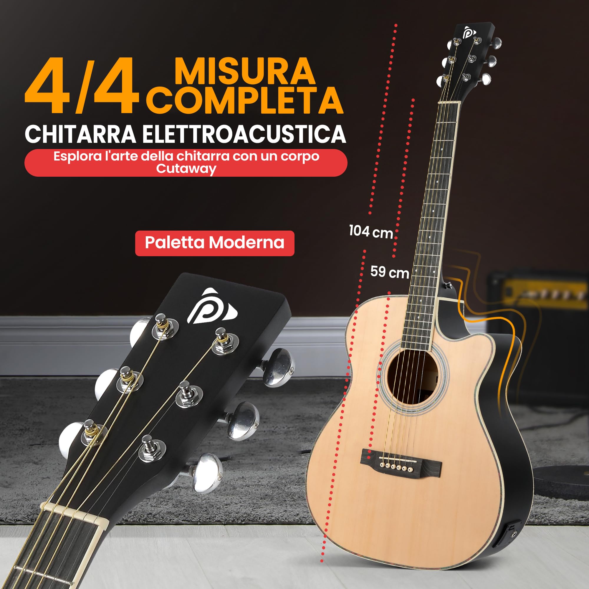 Pyle Kit Chitarra Elettrica Acustica 4/4 con Amplificatore Spalla, Legno Abete Rosso 1,04 m