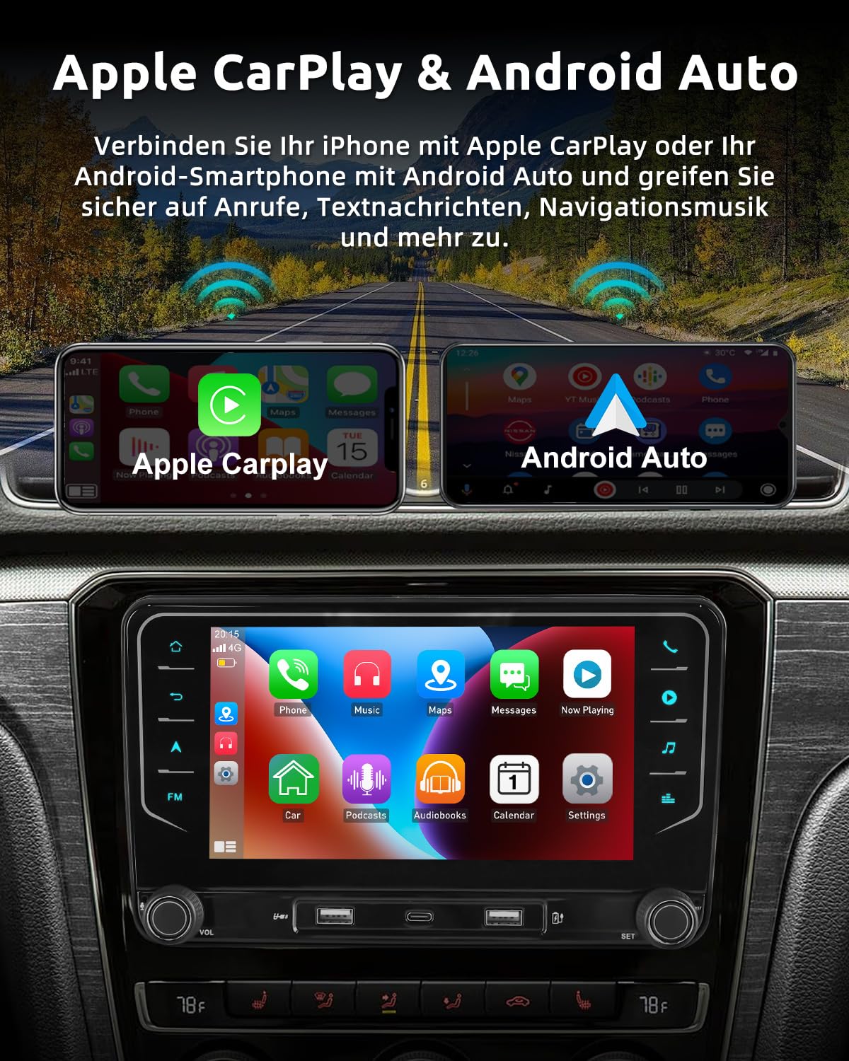 ESSGOO Android 15 4+64G Autoradio mit Wireless Carplay und Android Auto Für Volkswagen Golf 5 6 Plus Tiguan EOS Passat Polo, 7 Zoll Auto Radio Display mit Bluetooth, Mirror Link, AM, FM, SWC