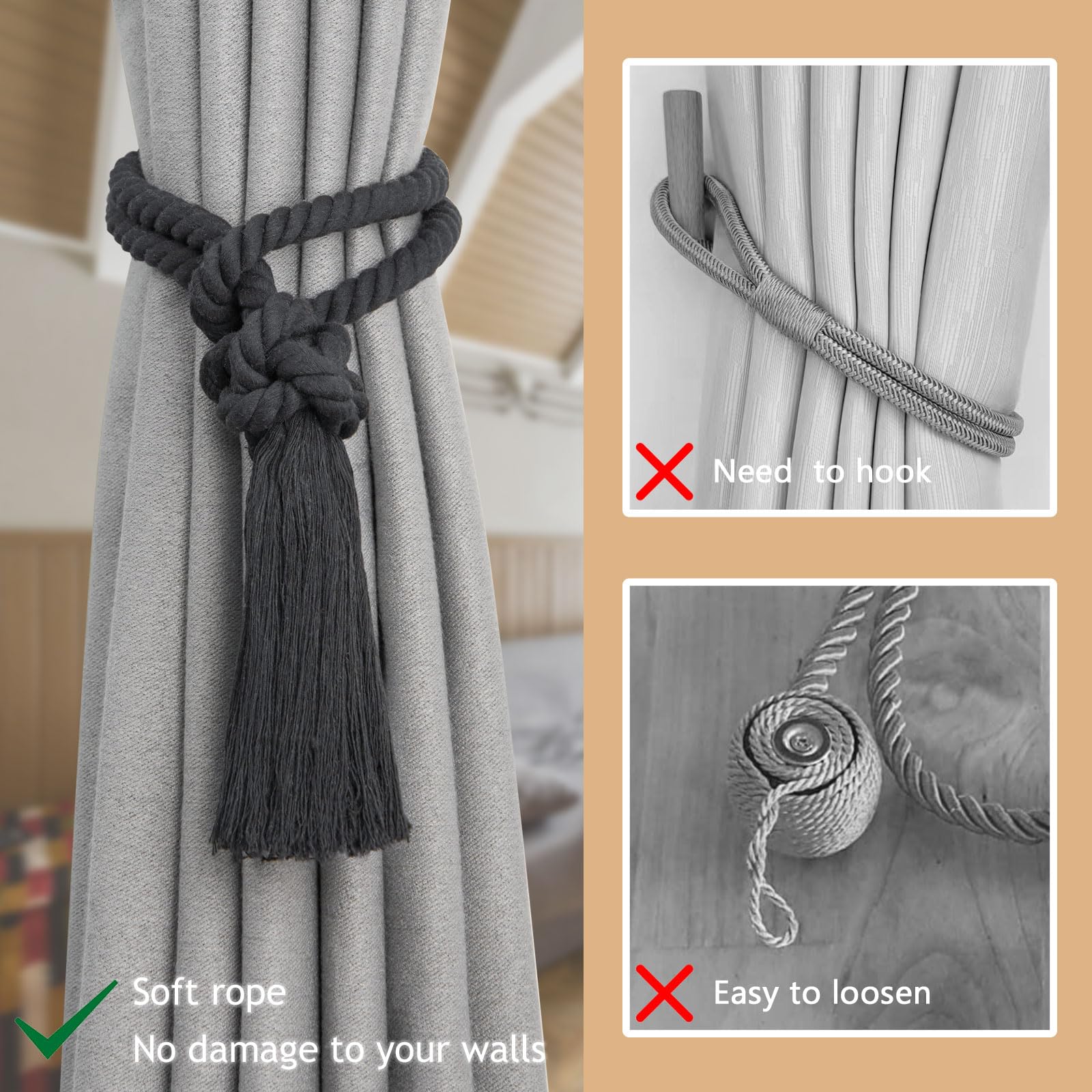 Pretty Jolly 2 Pack Natural Cotton Rope Tassel Curtain Tiebacks Boho Home Decor Drape Tie Backs Hand Woven Ball Curtain Holdbacks for Thin & Thick Home & Office Window Draperies (Dark Grey) - Image 3