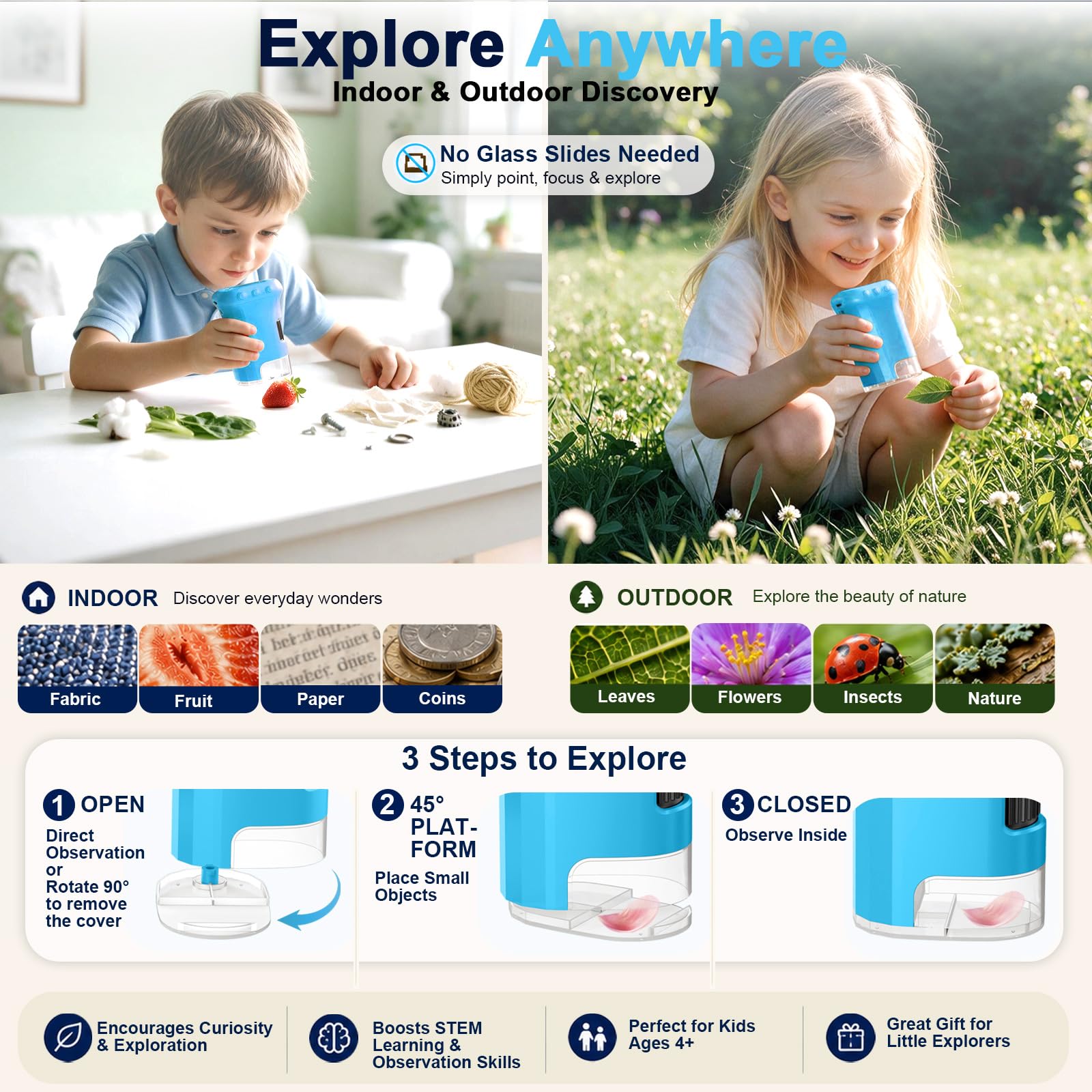 Microscopio digitale portatile 1000X per bambini, microscopio tascabile con schermo HD, per giardino, foresta ed esperimenti, regalo di compleanno per ragazze e ragazzi dai 3 anni in su, blu
