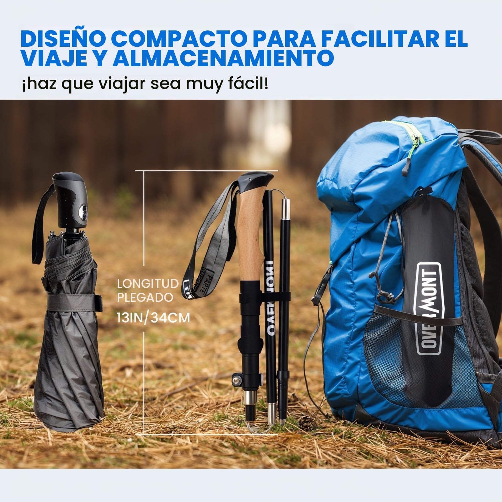 Overmont Bastones Trekking Bastones Senderismo Plegables de Carbono Ultraligeros Ajustables 105-125CM 1 Par Bastones Marcha Nórdica para Senderismo Alpinismo Trail Viaje
