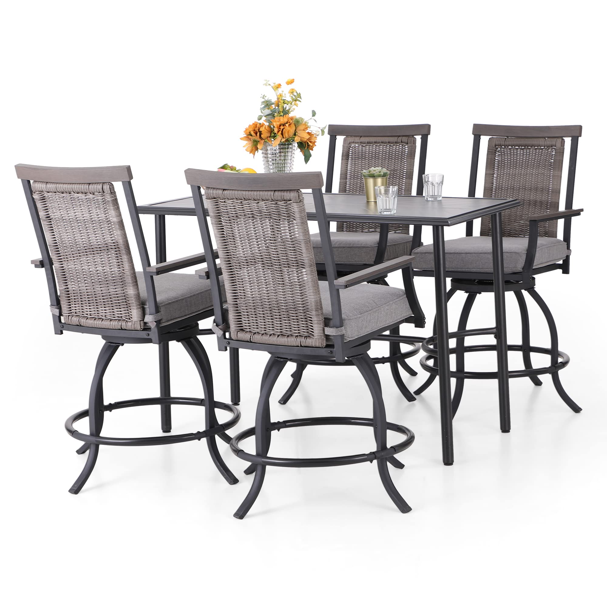 PHI VILLA 5 PCS Outdoor Counter Height Table and Chairs,Swivel Outdoor Bar Chairs with Grey Cushion and Metal bar Table for All Weather,Patio High