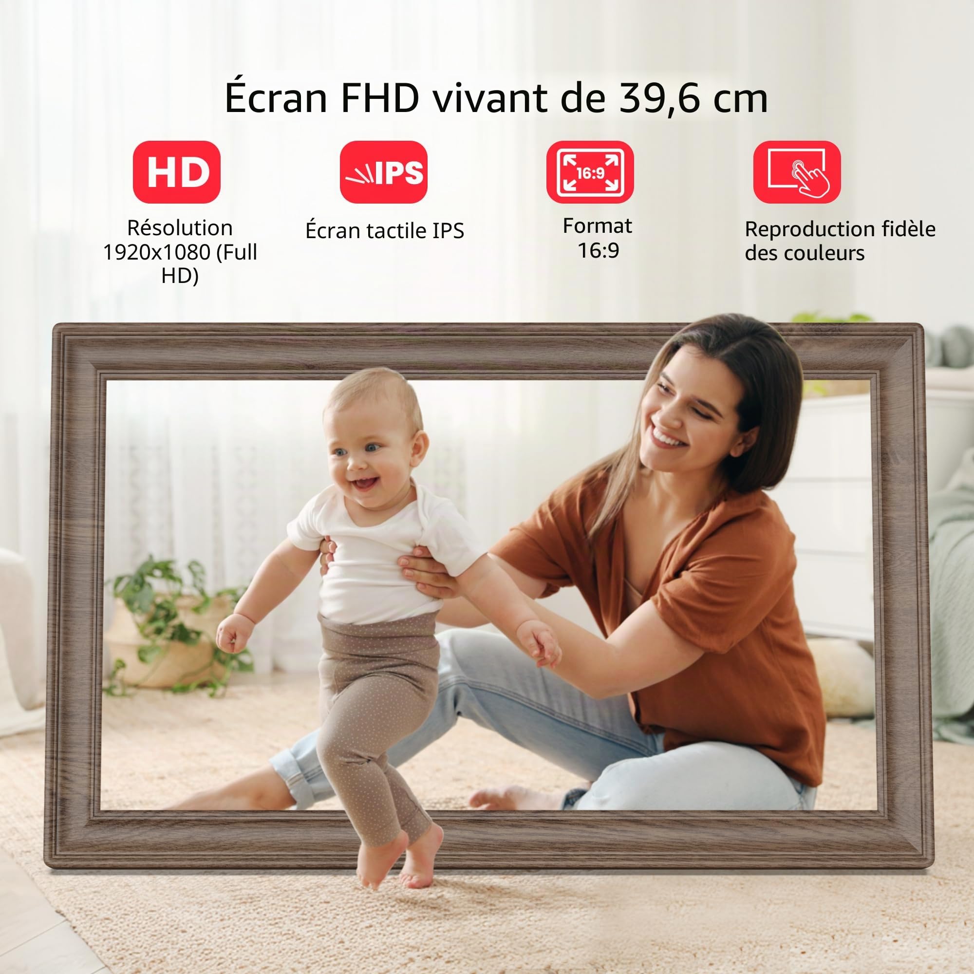 FRAMEO Cadre photo numérique 64 Go - 15,6" - 1920 x 1080p FHD IPS - Écran tactile numérique - Rotation automatique - Partagez des photos/vidéos instantanément