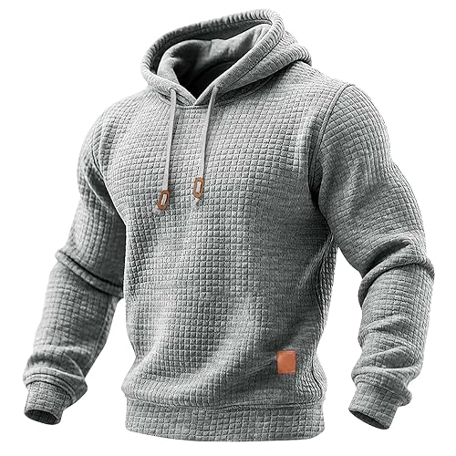 Men Hoodies Pullover Waffle Knit for Patchwork Plaid Classic Big