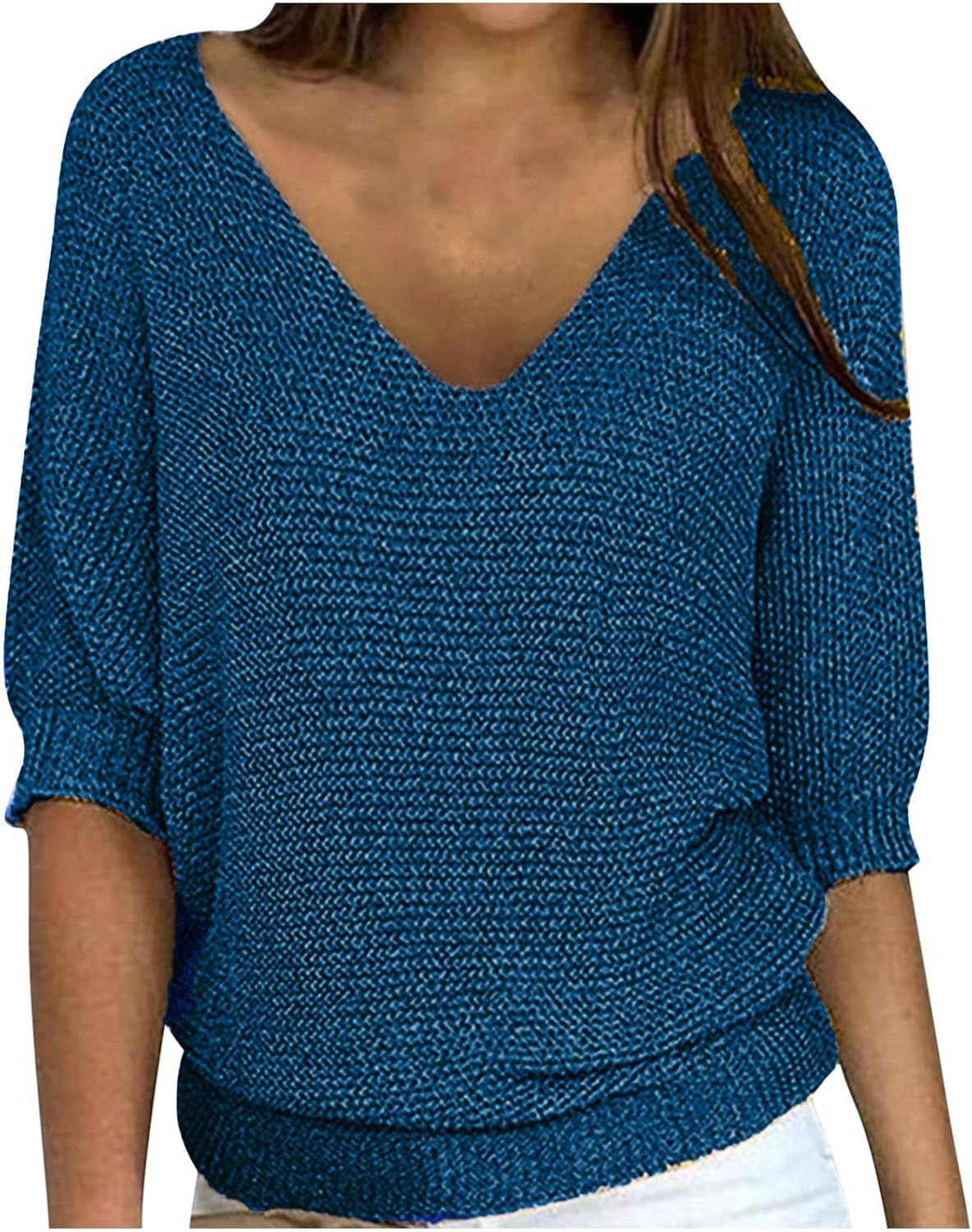 Womens Oversized Sweater Tops Plus Size Fashion 3/4 Length Sleeves V-Neck Loose Comfy Knitwear T-Shirts Pullover