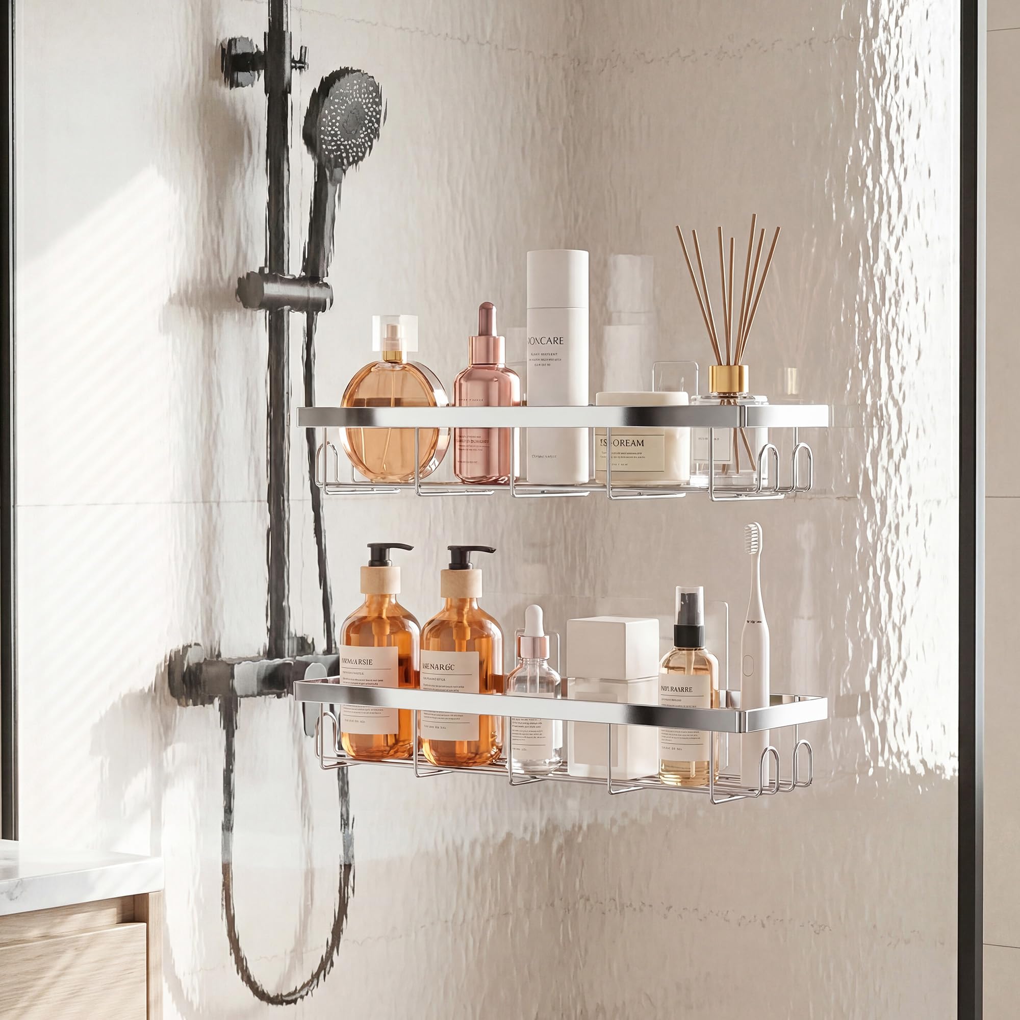JAQ Shower Caddy 2 Pack, Adhesive Bathroom Shelf Organizer No Drilling Wall Mounted Storage Rack for Inside Shower, Rust-Resistant Metal Shower Basket with Hooks for Shampoo, Conditioner, Soap-Silver - 5