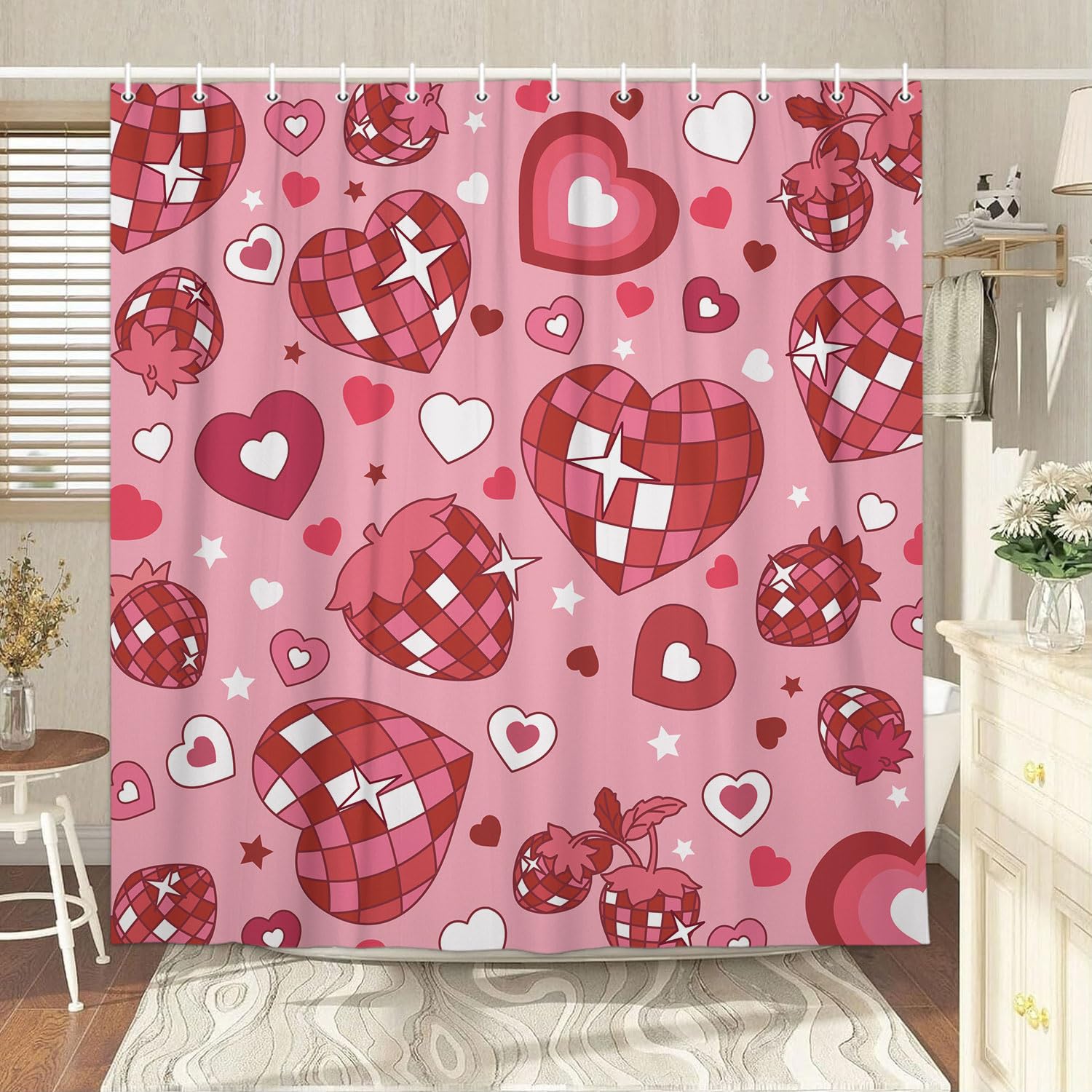 Pink Heart Shower Curtain Valentines Romantic Love Heart Cute Eclectic Bathroom Accessories Retro Groovy Funky Chic 70s Bath Curtain with Disco Ball Hippie Modern Artistic Bathroom Decor Set 70X70IN