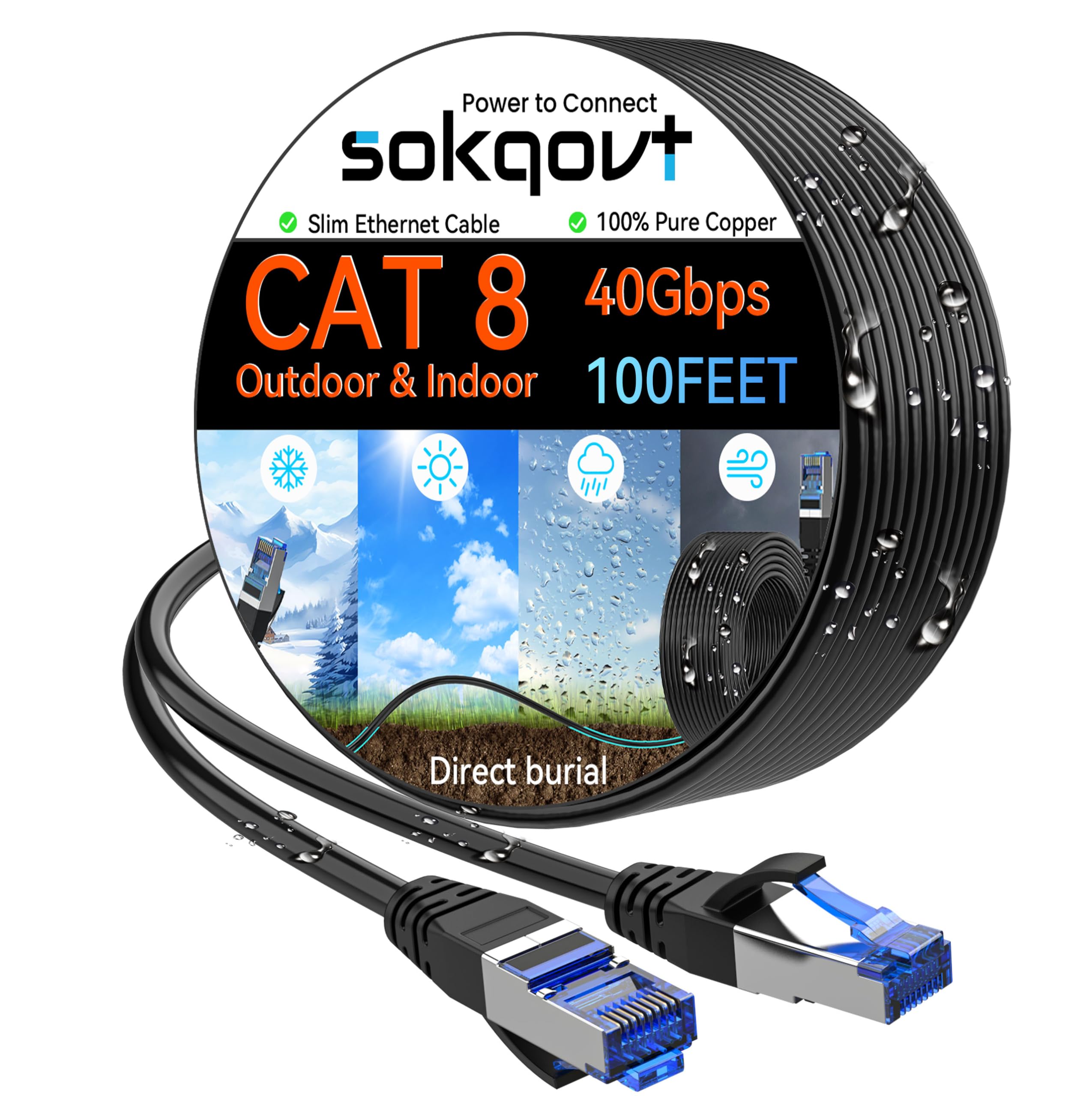Sokqovt Cat 8 Ethernet Cable Slim 100ft Outdoor&Indoor, Pure Copper Cat8 Internet Cable for Waterproof & Direct Burial, Flexible Cat8 Ethernet Cable 40G 2000MHZ, Cat 8 Network Cable for Indoor Black