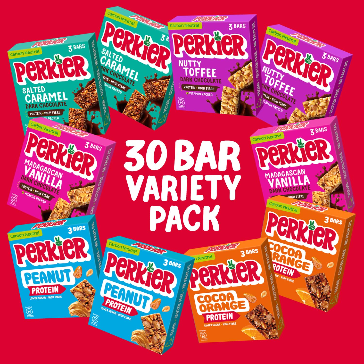 Perkier Variety Box (30 bars), Vegan, Gluten Free, Protein, Lower Sugar, Healthy Snacks for Adults, Low Calorie, Halal, Breakfast Bar, High Fibre, Nut, Cereal, Gut Health, Multipack, Plant Based