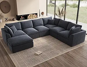 Oversized Cloud Couches for Living Room, Convertible Sectional Couch with Ottoman, 7 Seater Large Modular Sectional Sofa, Grey