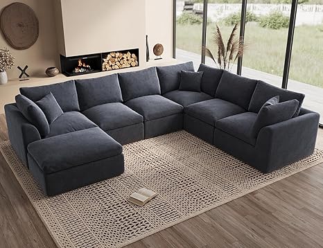 Oversized Cloud Couches for Living Room, Convertible Sectional Couch with Ottoman, 7 Seater Large Modular Sectional Sofa, Grey