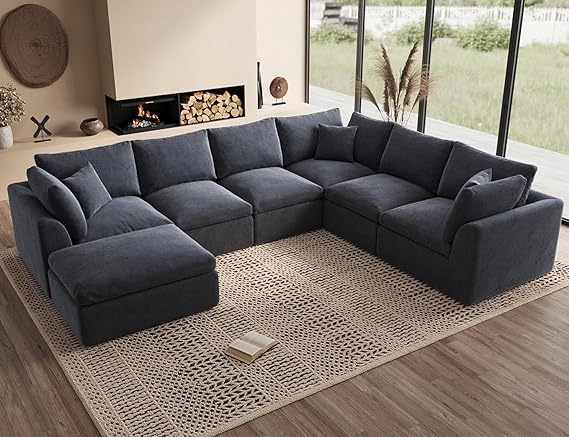 Oversized Cloud Couches for Living Room, Convertible Sectional Couch with Ottoman, 7 Seater Large Modular Sectional Sofa, Grey