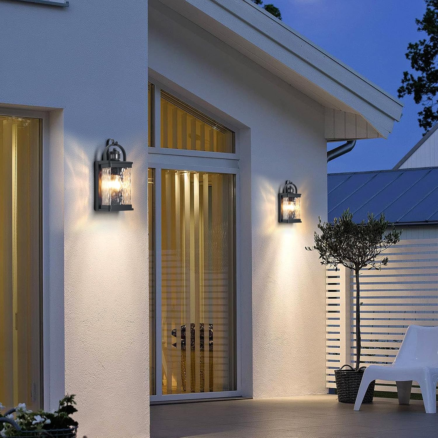 14.7in Motion Sensor Wall Light Outdoor Aluminum Dusk to Dawn Exterior Lighting Fixtures Wall Moun Black Porch Outdoor Lights Wall Sconce with Seeded Glass for Garage, Garden, 1 Pack