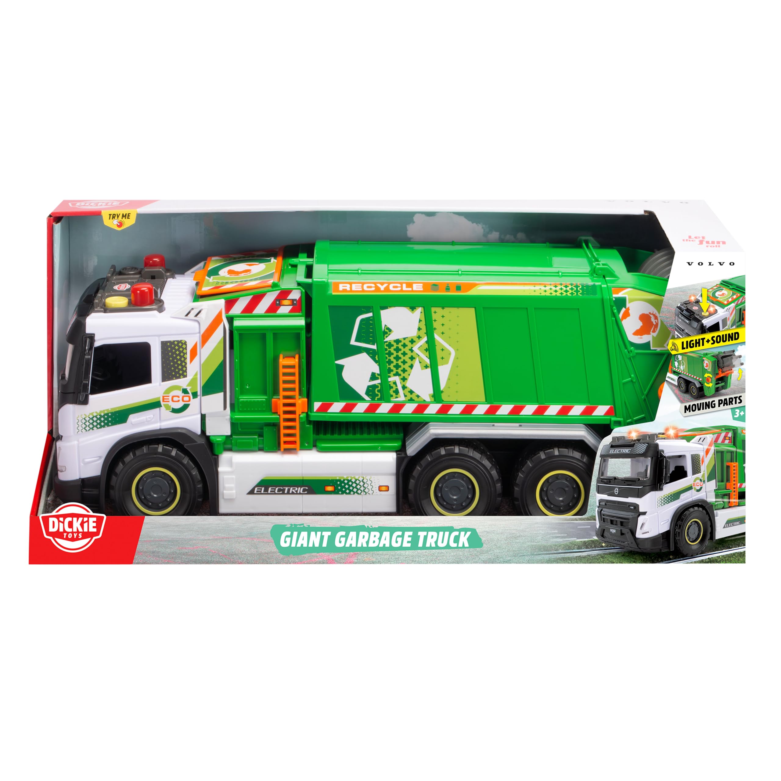 Dickie Riesenrecycling-LKW Volvo FMX 55 cm, Müllsammelwagen mit Licht und Sound, manuelle Kippfunktion, bewegliche Teile, Frontfach und Mülleimer, ab 3 Jahren (203749040)